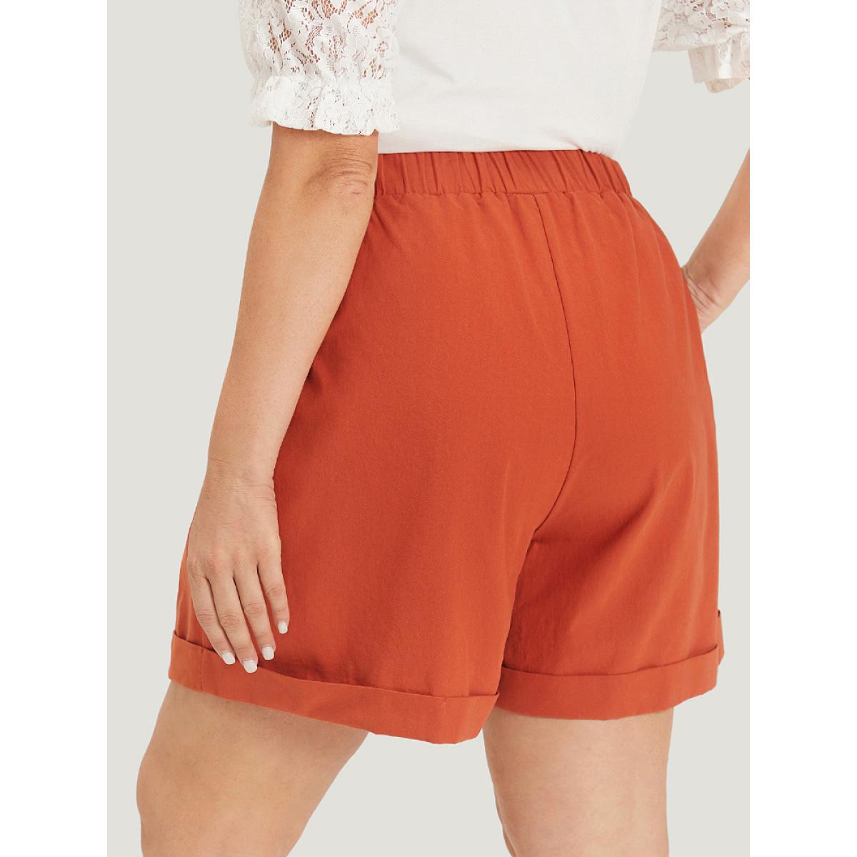 Plus Size Solid Pocket Pleated Roll Hem Button Detail Shorts Women Rust Elegant Plain Dailywear Shorts BloomChic 22-24/3X Product Image
