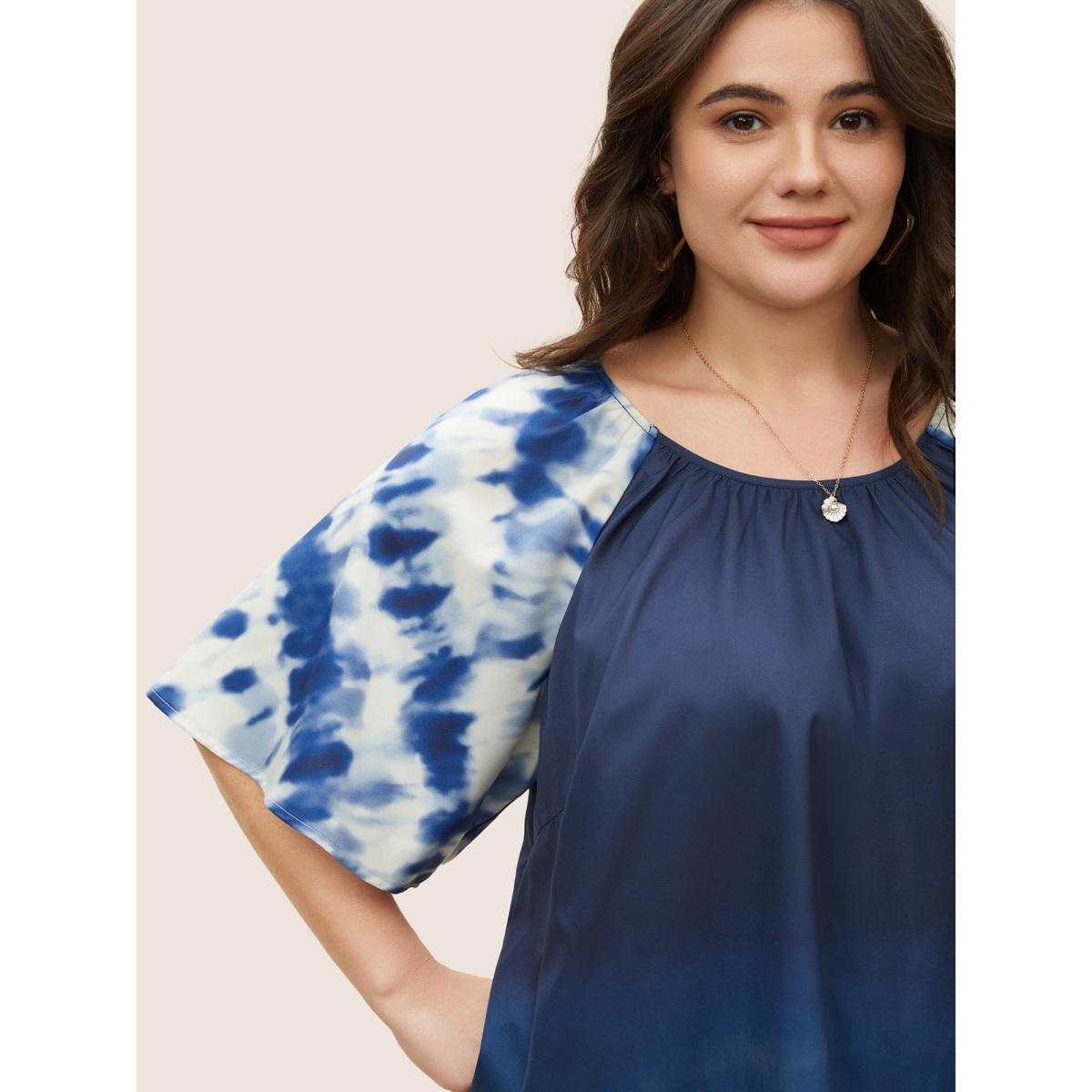 Plus Size Stone Ombre Tie Dye Raglan sleeve Blouse Women Casual Half Sleeve Round Neck Everyday Blouses BloomChic 12/L Product Image