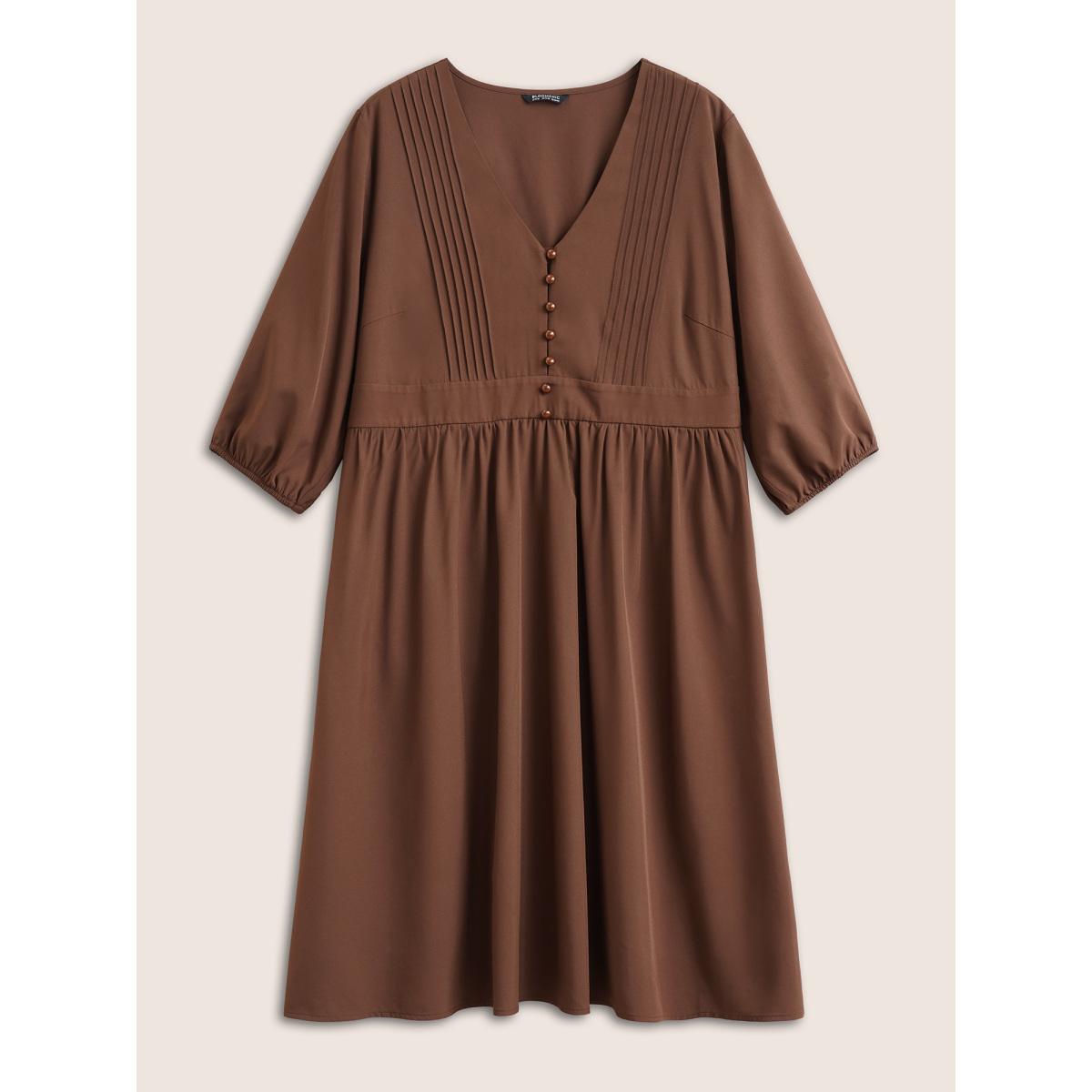 Plus Size Solid Pleated Button Detail Lantern Sleeve Dress DarkBrown Women At the Office Non V-neck Elbow-length sleeve Curvy Midi Dress BloomChic 14-16/1X Product Image
