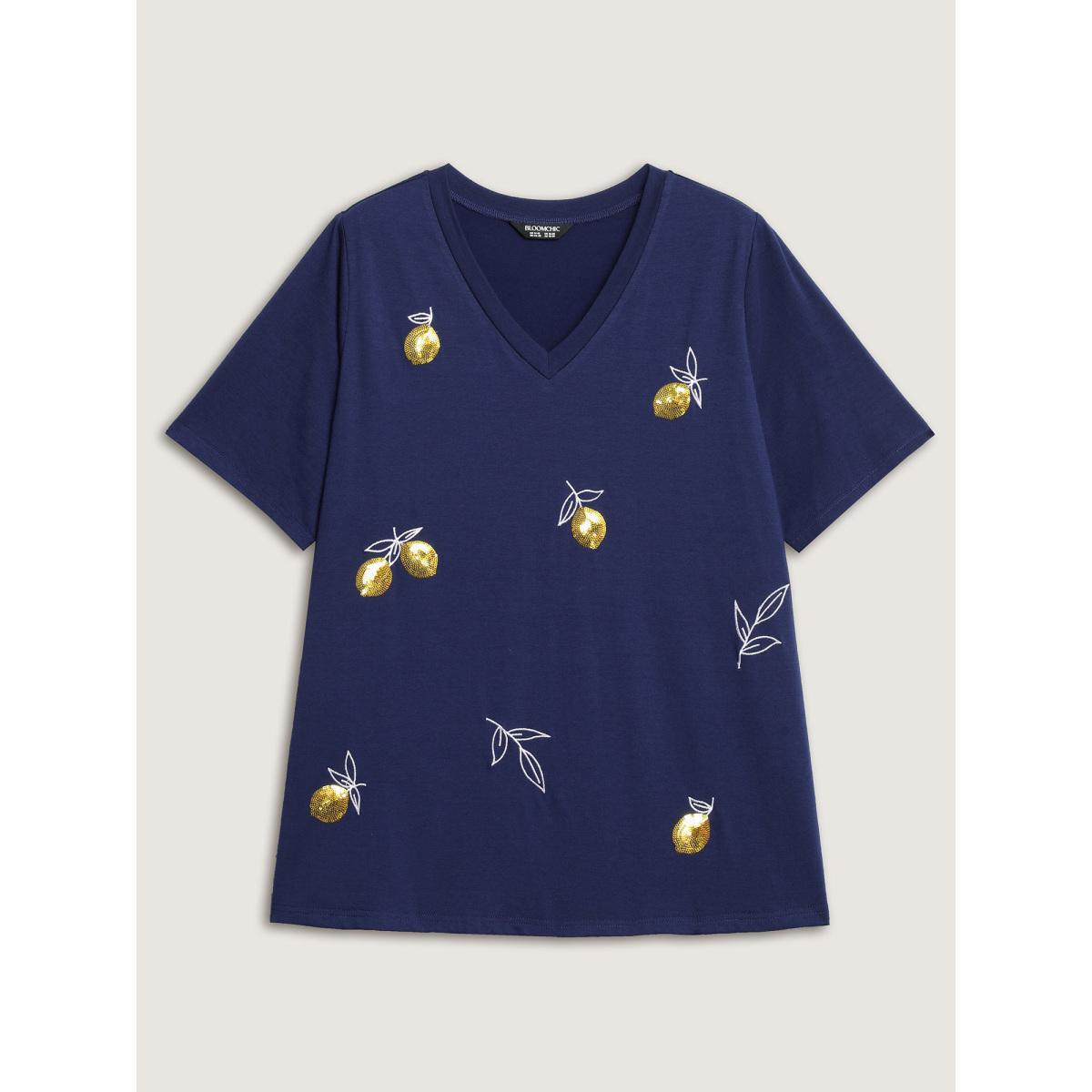 Plus Size Citrus Embroidered Shimmery Solid T-Shirt Indigo Women Embroidered V-neck Everyday-Casual T-shirts BloomChic 18-20/2X Product Image