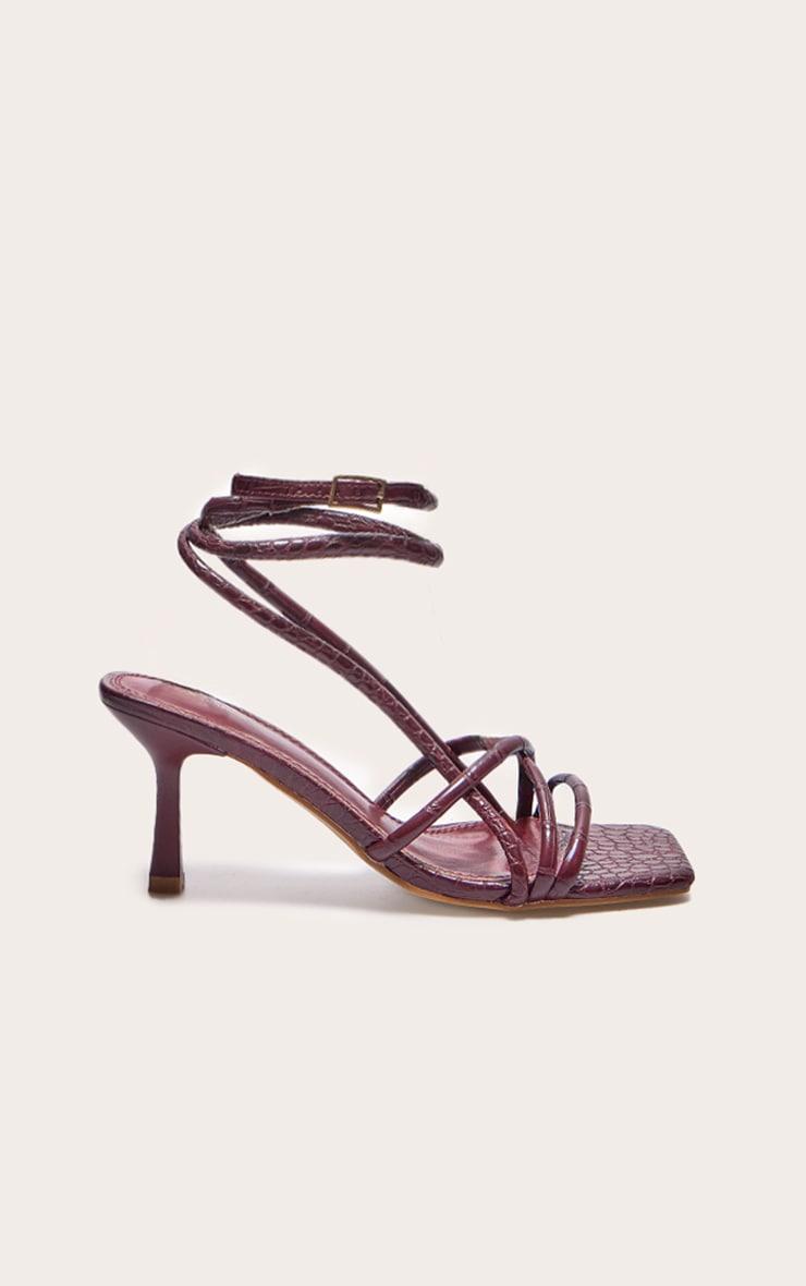 Burgundy Croc PU Square Toe Tube Strappy Mid Stiletto Heeled Sandals Product Image