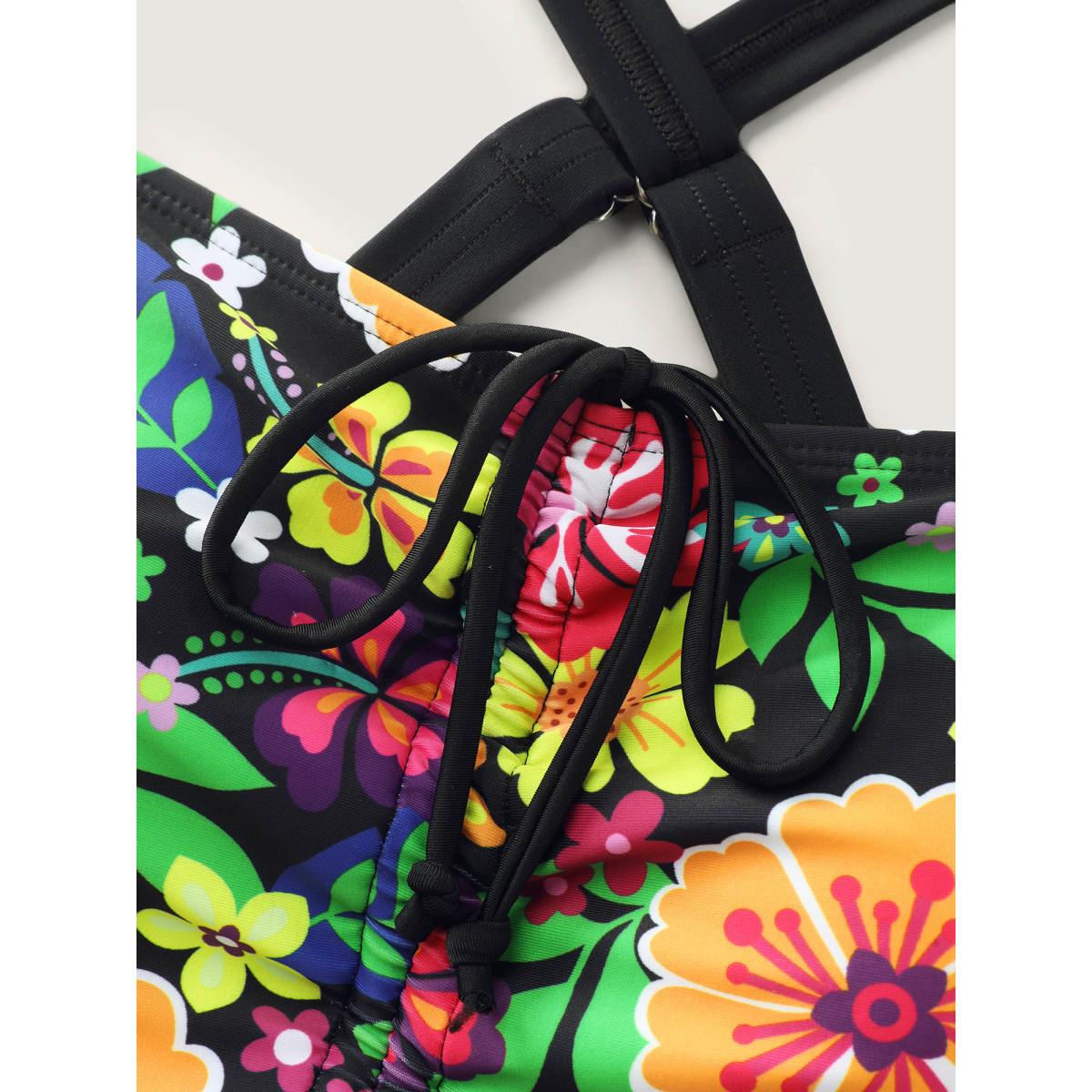 Plus Size Tropical Floral Print Tie-Up Swim Dress Women's Swimwear Black Resort Bodycon Heart neckline High stretch Curve Swim Dresses BloomChic 30/6X Product Image
