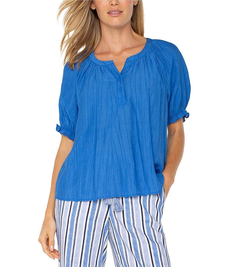 Liverpool Los Angeles Crinkle Woven Split V-Neck Short Sleeve Blouse Product Image
