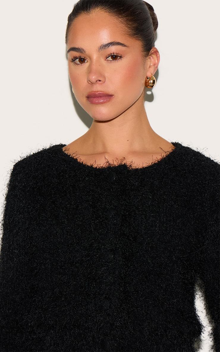 Black Textured Fluffy Knit Button Up Cardigan Product Image