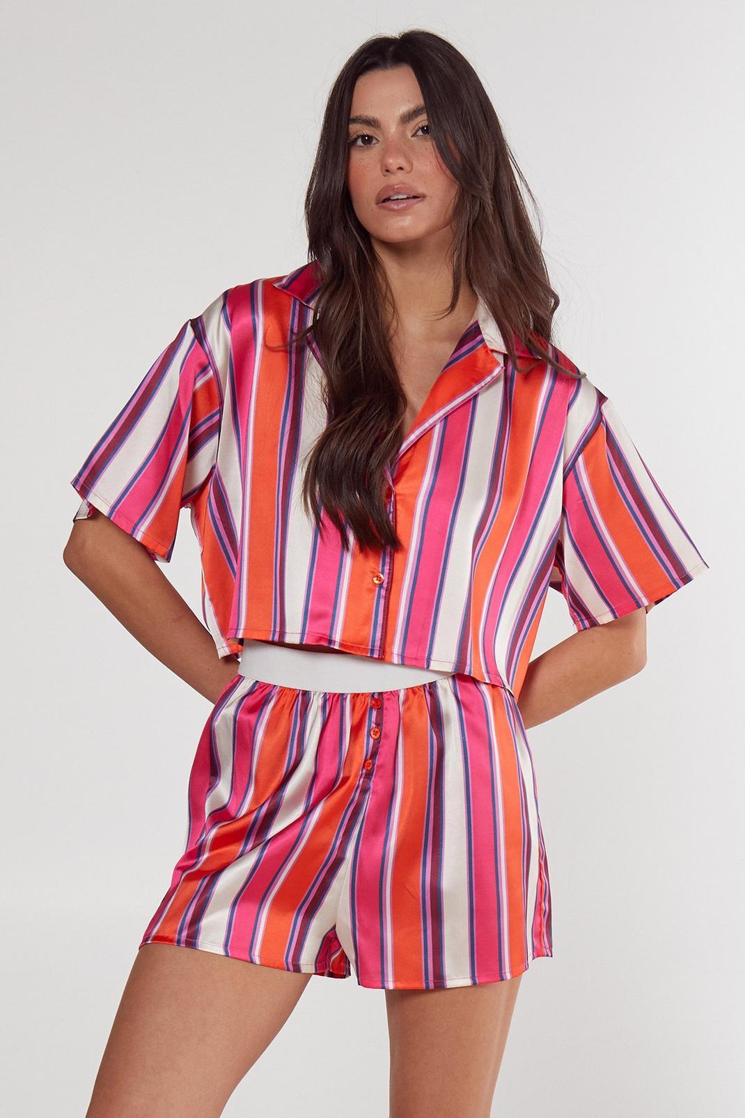 Satin Multi Stripe Cropped Shirt And Shorts Pajama Set Product Image