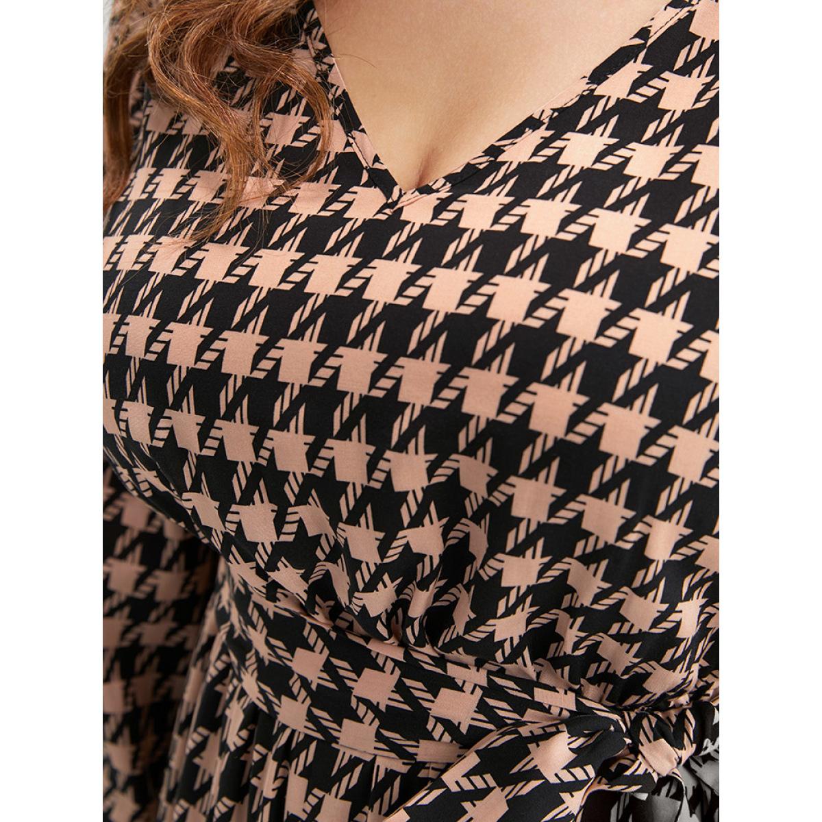 Plus Size Houndstooth V Neck Lantern Sleeve Pocket Belted Ruffles Dress Multicolor Women Elegant Elastic Waist V-neck Long Sleeve Curvy Midi Dress BloomChic 14-16/1X Product Image