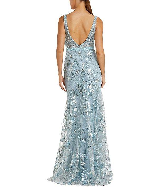 Mac Duggal Floral V-Neck Sleeveless Low Scoop Back Detail Sheath Gown Product Image