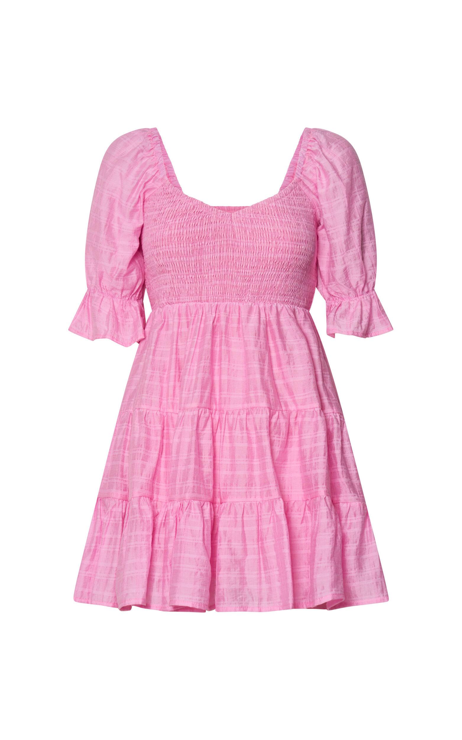 Britany Mini Dress - Shirred Puff Sleeve Tiered Dress in Pink Product Image