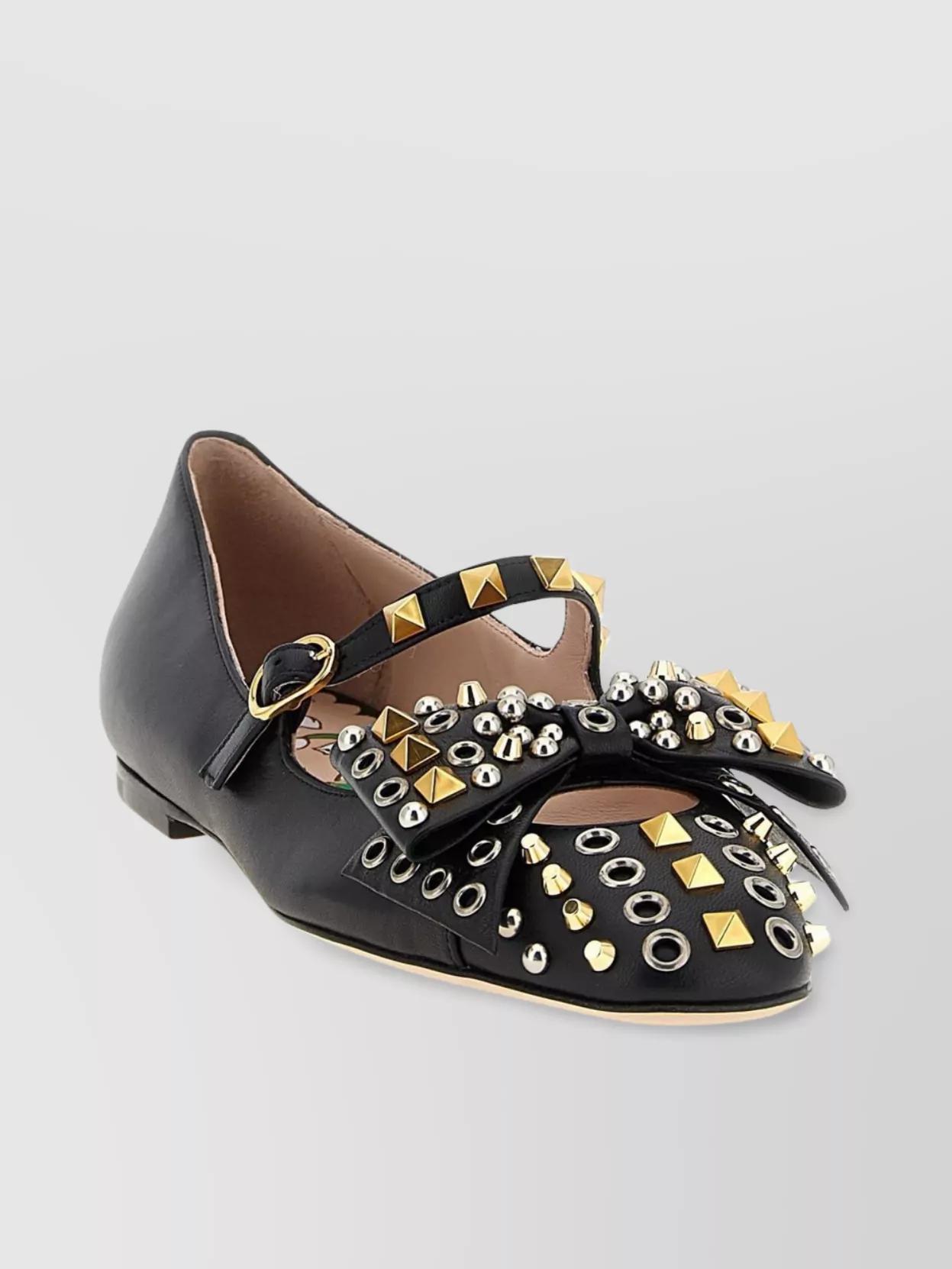 VALENTINO GARAVANI Mary-jane Bowow Ballerina In Kidskin With Studs Woman Black 35 In Multi Product Image