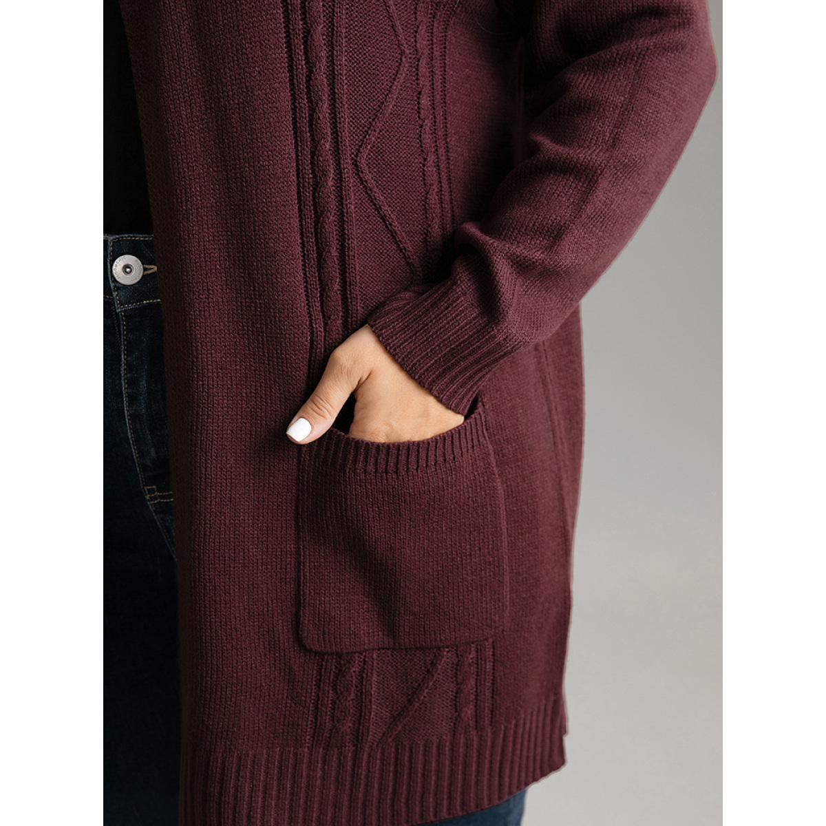 Plus Size Plain Cable Knit Button Up Pocket Cardigan Burgundy Women Casual Loose Long Sleeve Dailywear Cardigans BloomChic 18-20/2X Product Image
