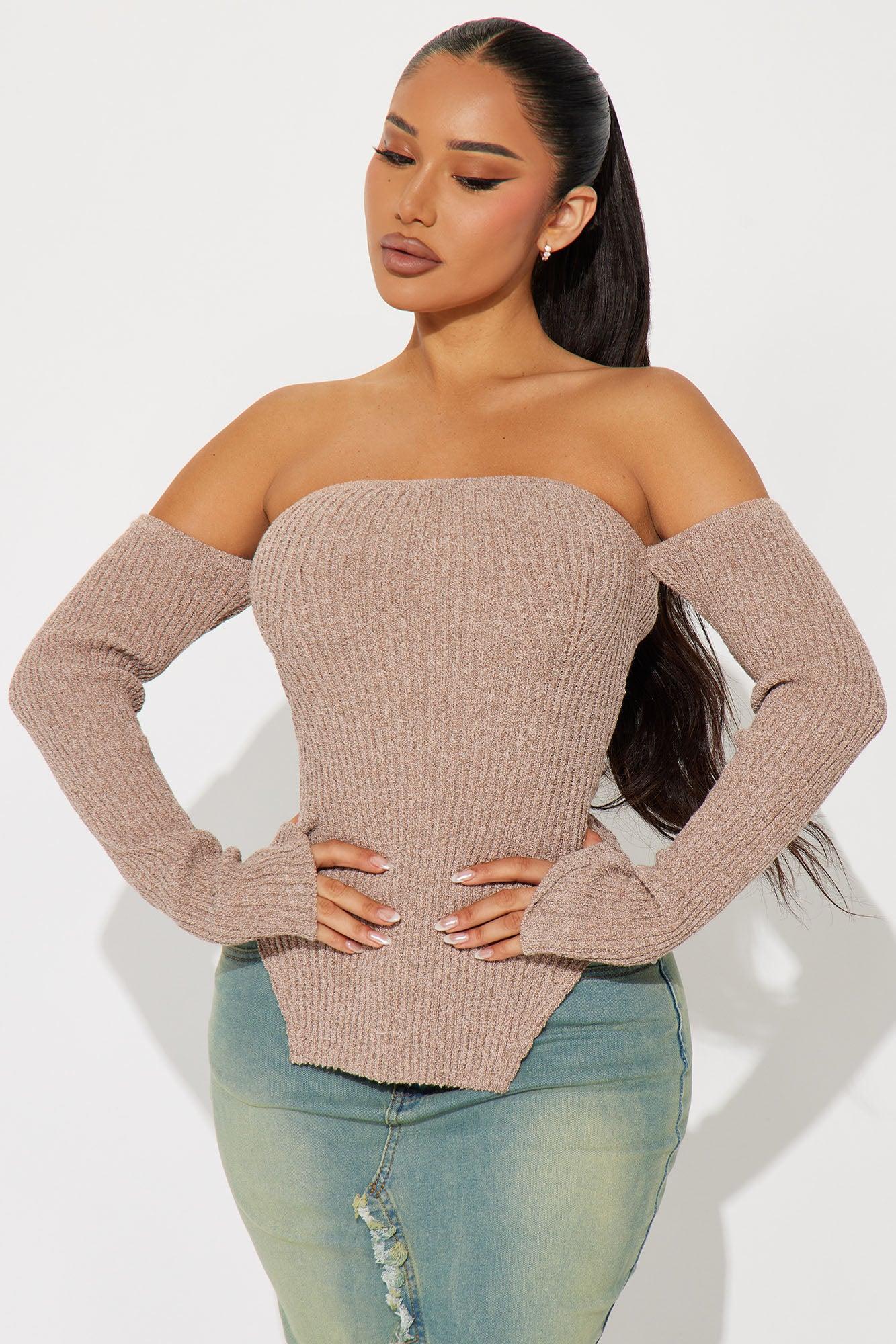 Treat Yourself Off Shoulder Sweater - Taupe Product Image