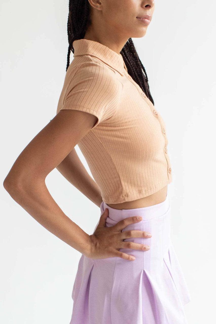 Taupe Ribbed Button Up Tee Product Image