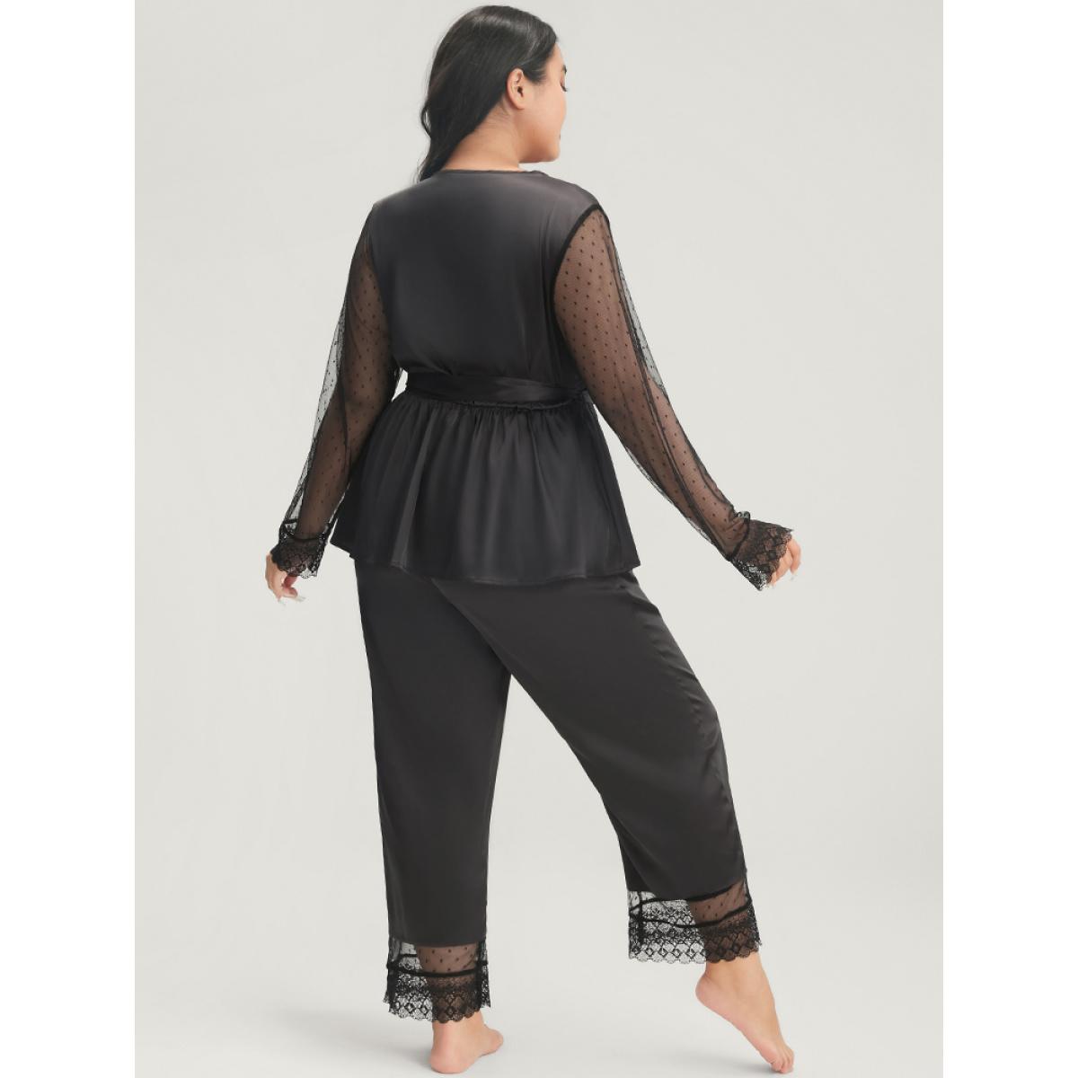 Plus Size Solid Mesh Lace Wrap Belted Pajama Set Women Black Plain Cross straps Long Sleeve V-neck Elegant Loungewear Sets BloomChic 26/4X Product Image