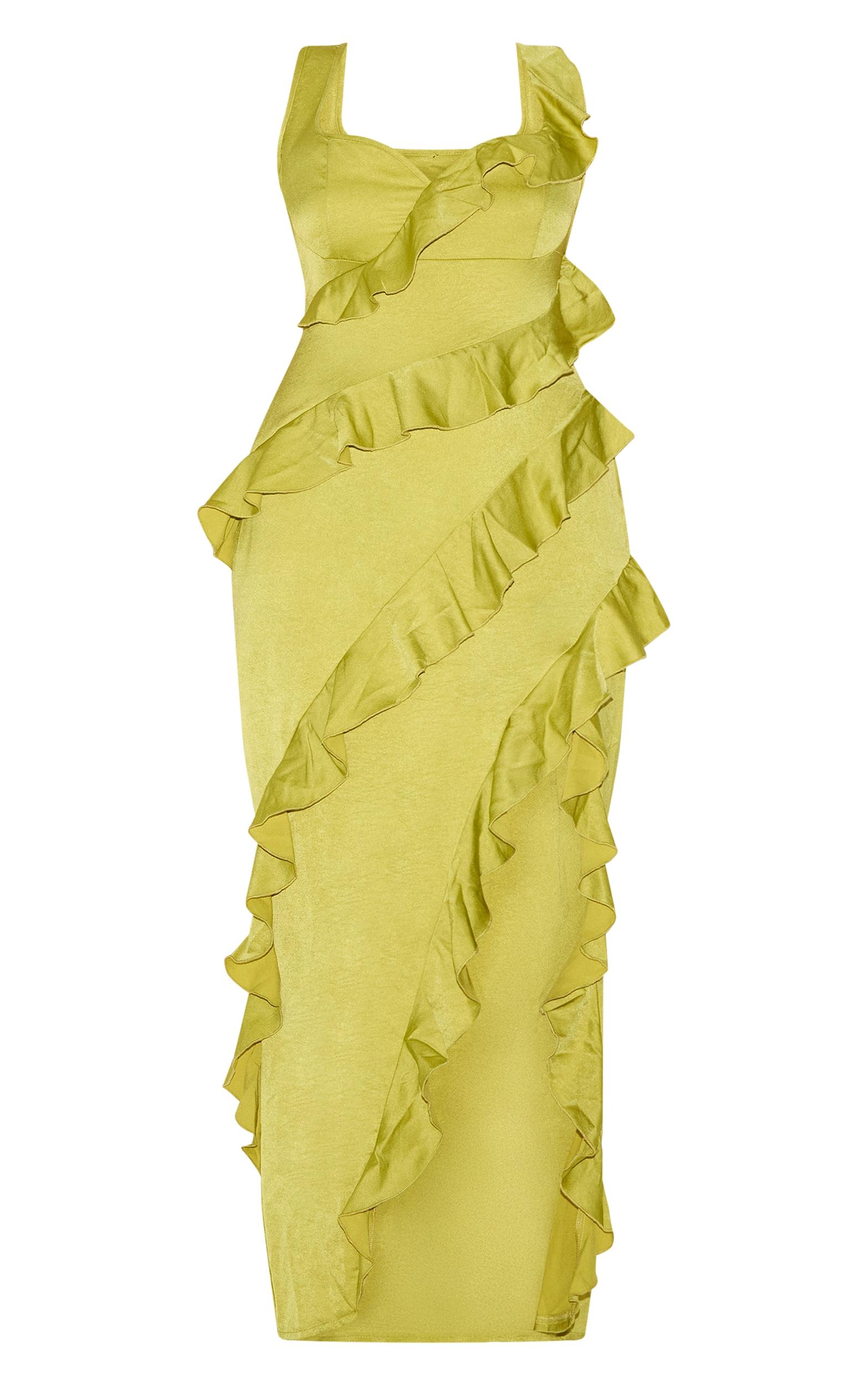 Plus Olive Satin Frill Layered Maxi Dress Product Image