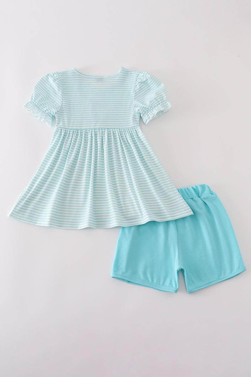 Blue apple pencil bus embroidery smocked shorts set Product Image