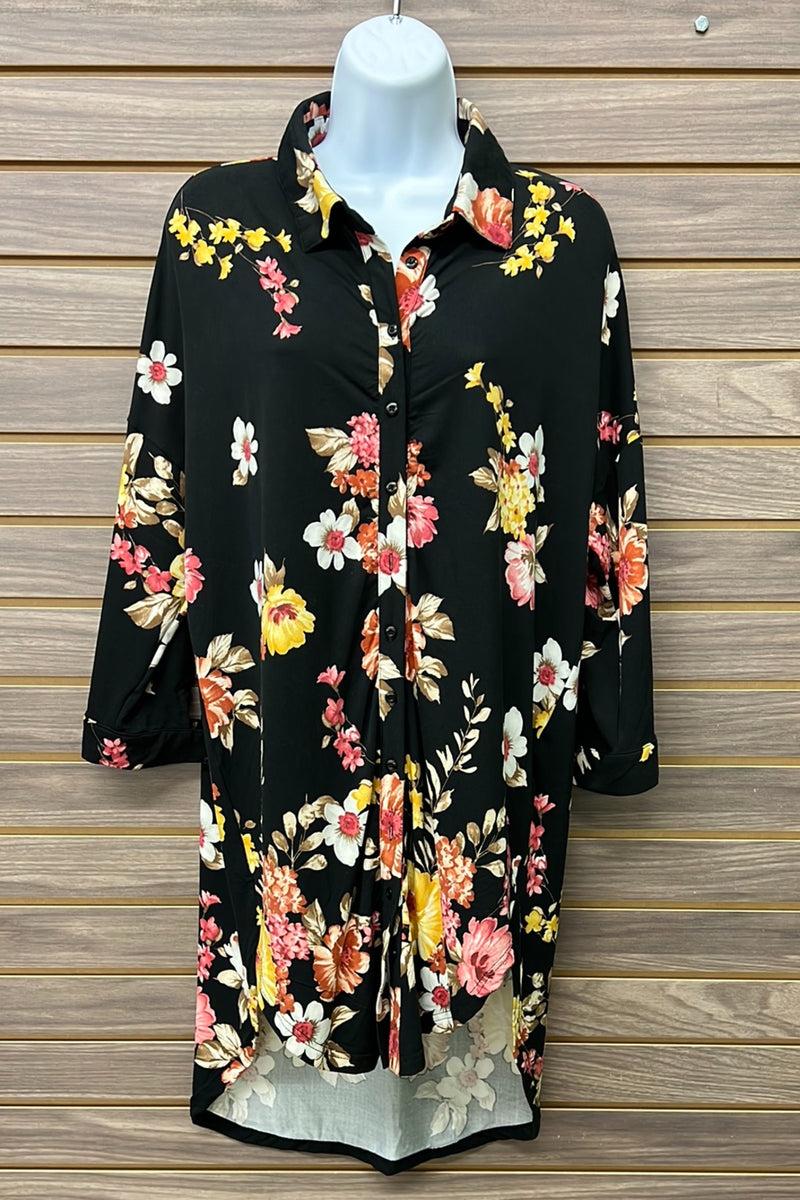 Black button-down floral dress Product Image