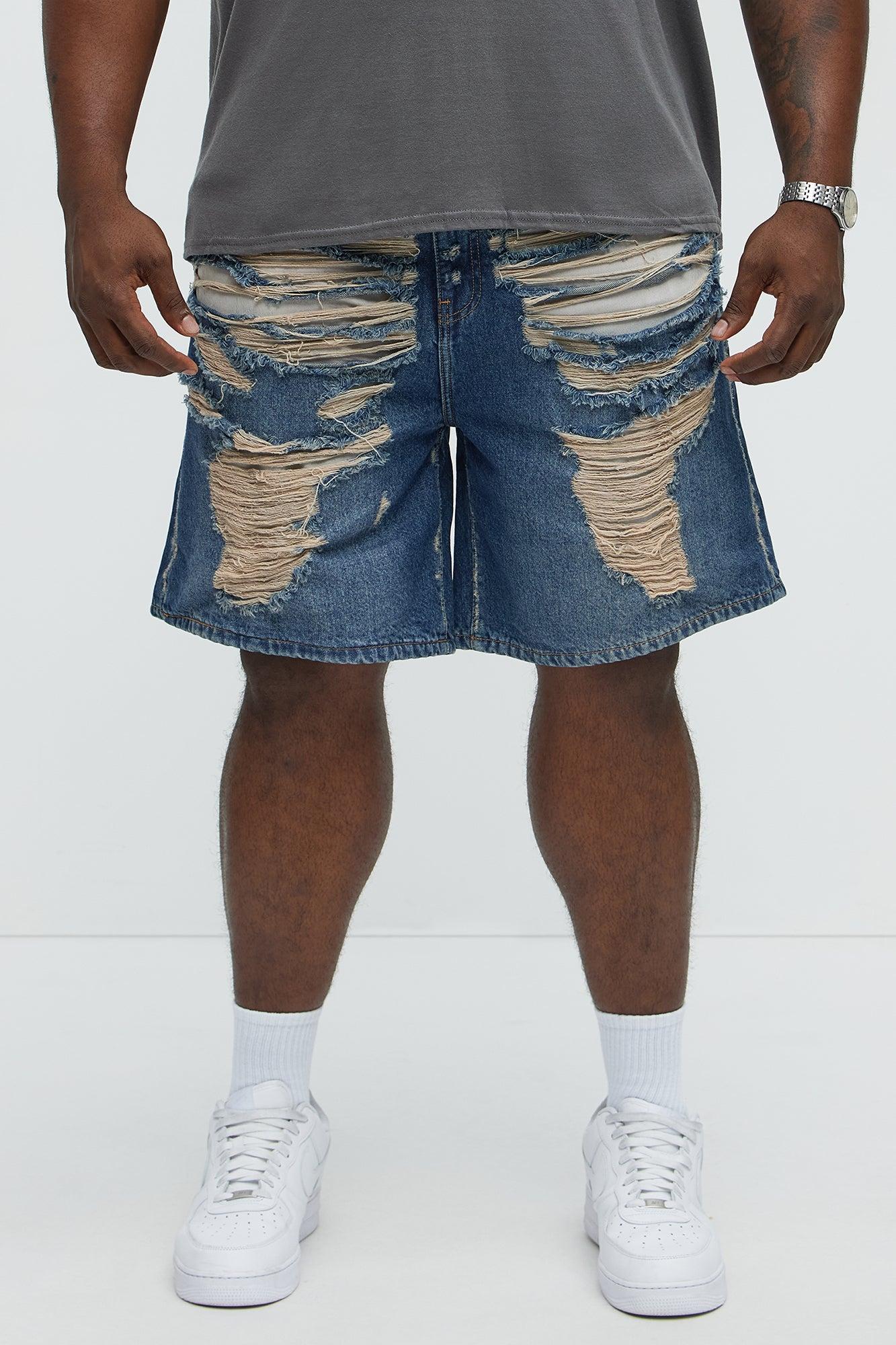 Run It Up Relaxed Distressed Denim Shorts - Medium Blue Wash Product Image