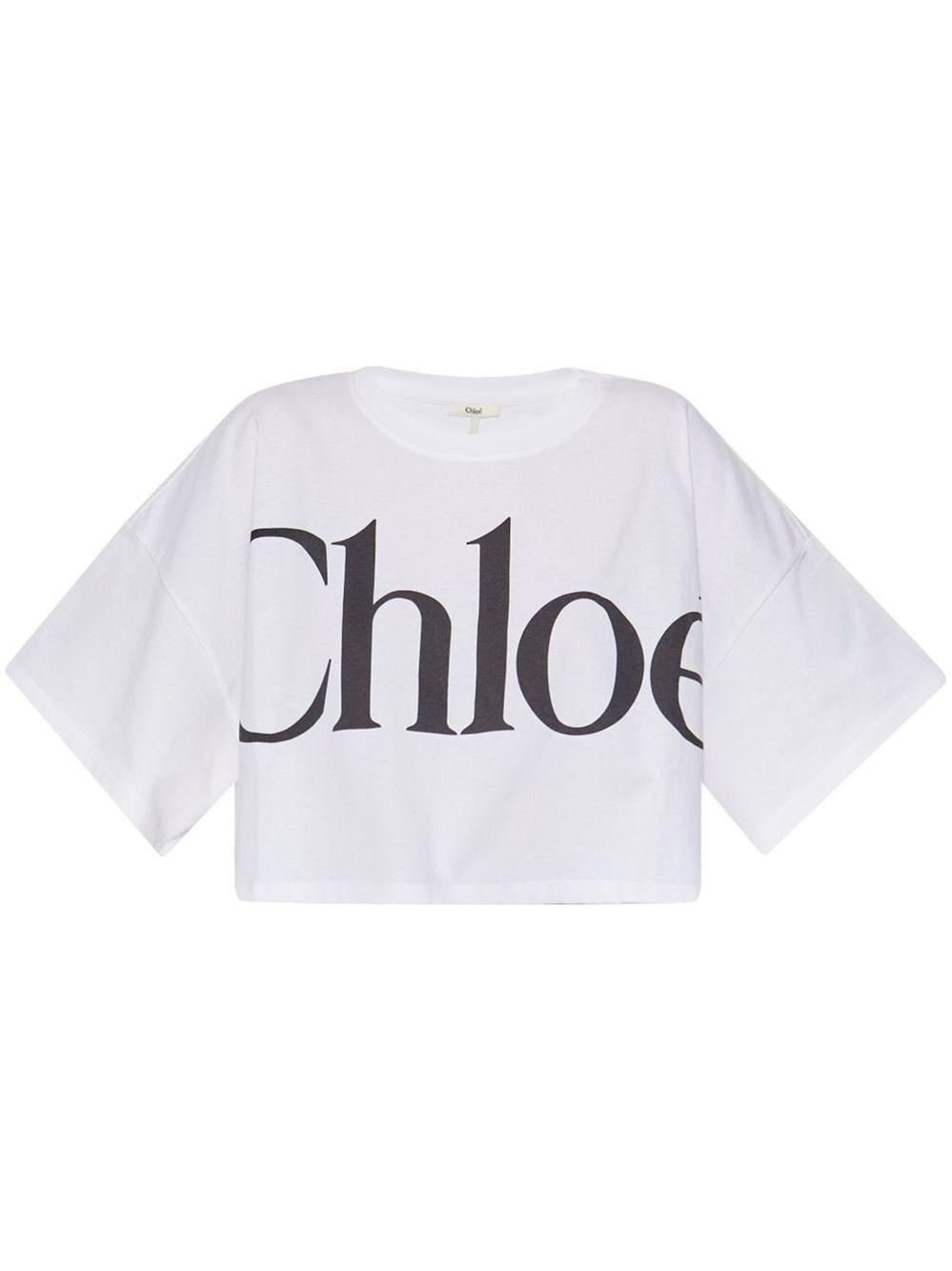 CHLOÉ White Cropped Crewneck T-shirt With Maxi Logo Print On The Front In Cotton Woman In Multicolor Product Image