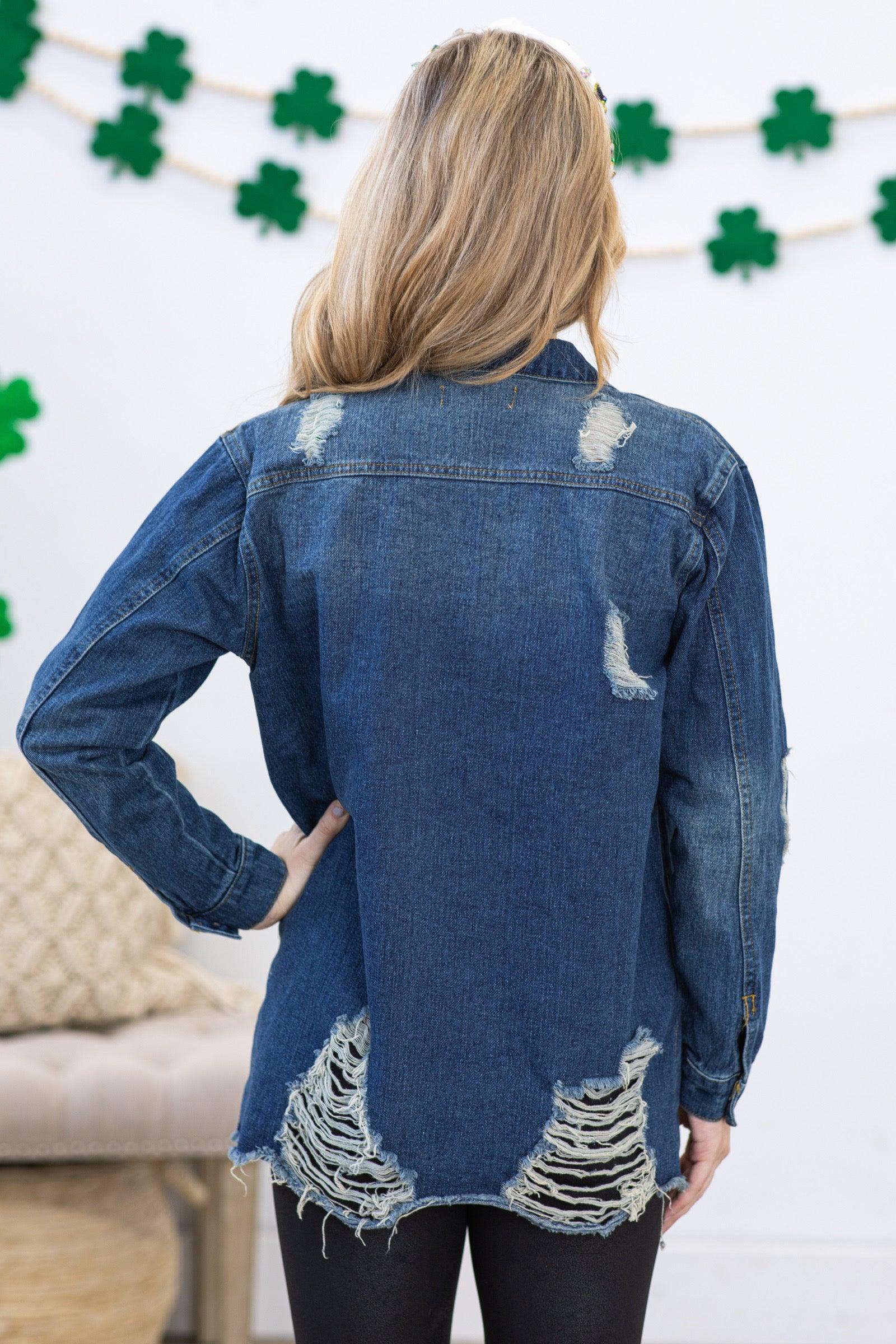 Dark Denim Raw Distressed Denim Jacket Product Image