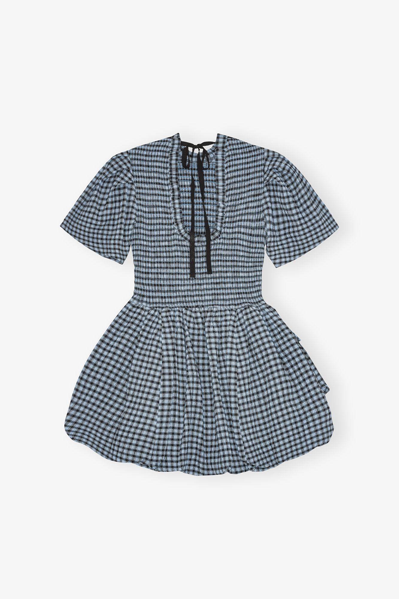 Blue Seersucker Check Mini Smock Dress Product Image