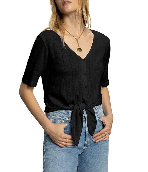 Sanctuary Pointelle V-Neck Short Sleeve Button Front Top Product Image