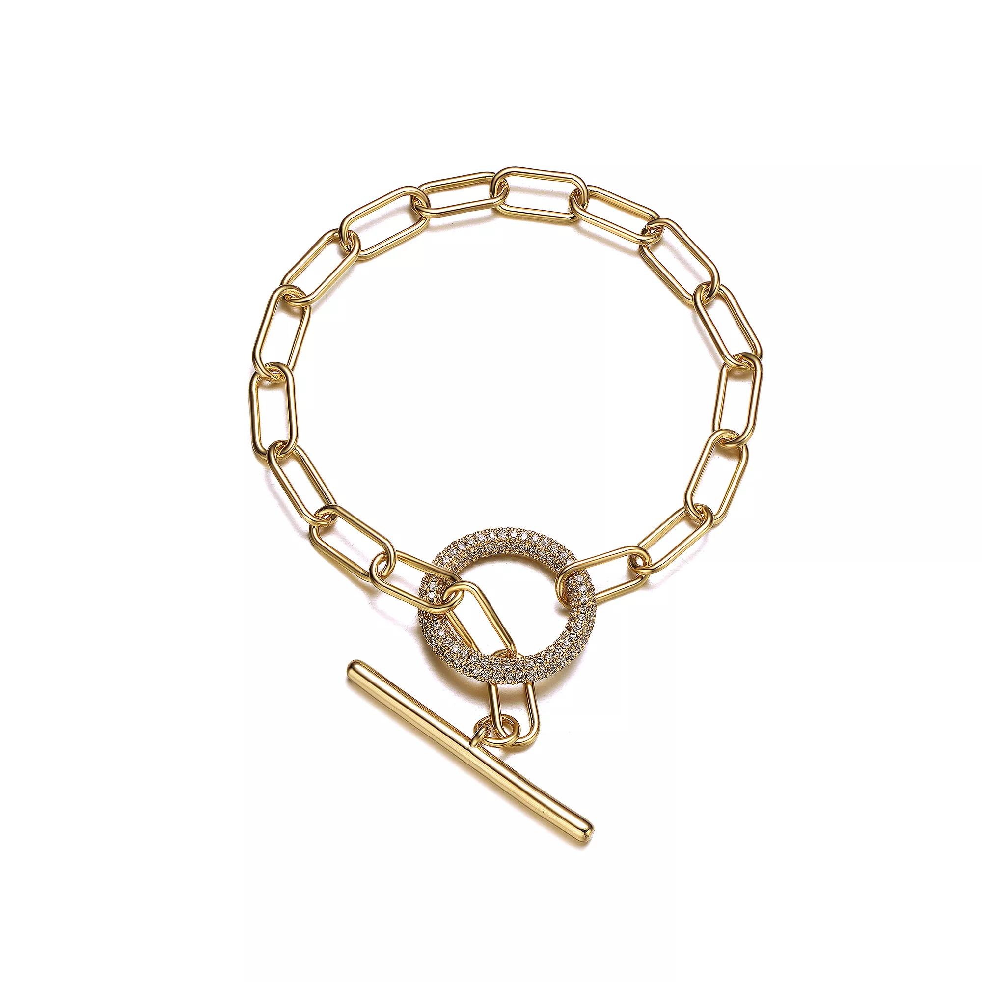 14k Gold Plated Cubic Zirconia Oversized Toggle Clasp Elongated Oval Cable Link Bracelet, Womens Gold Tone Product Image