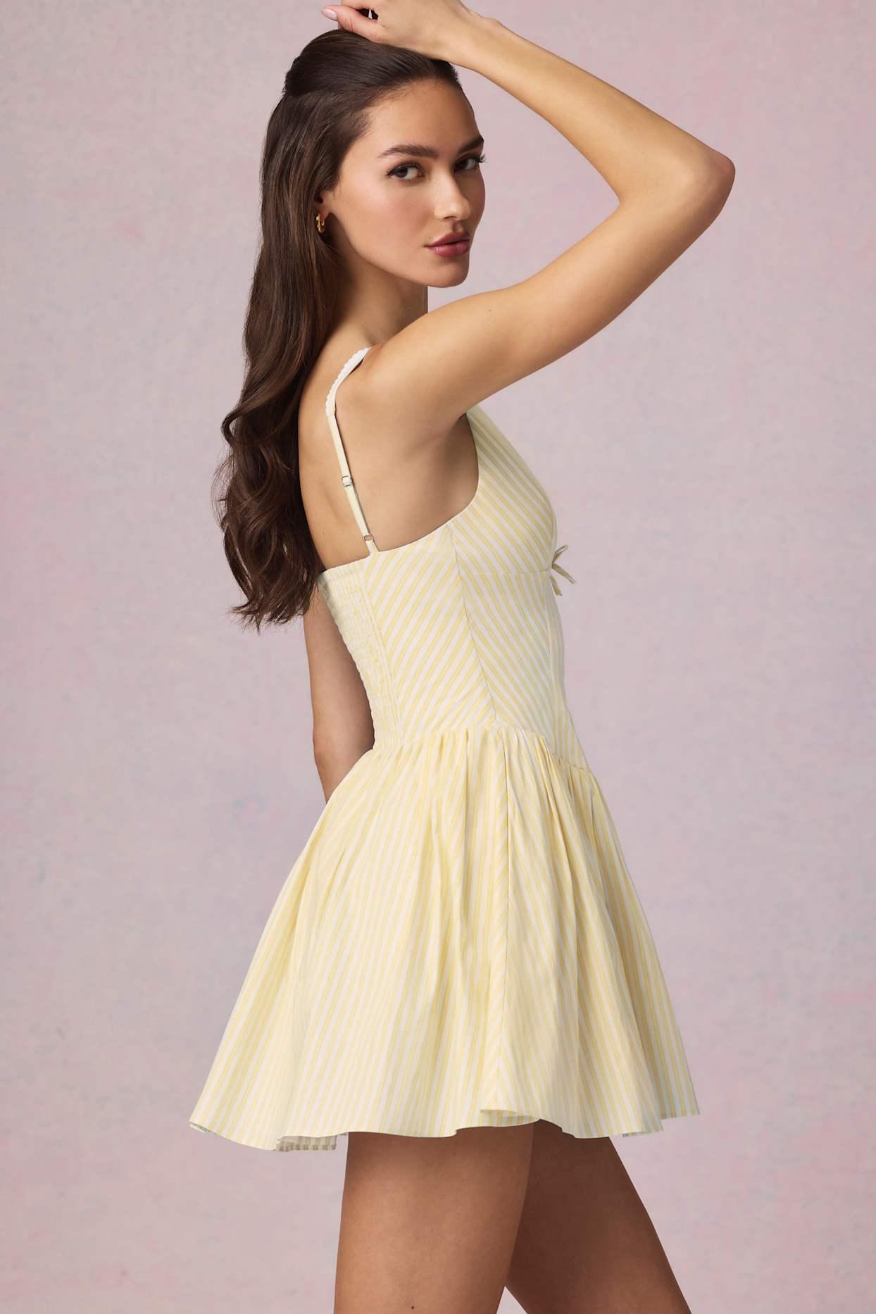 Bow-Detail A-Line Mini Dress in Lemon Yellow Stripe Product Image