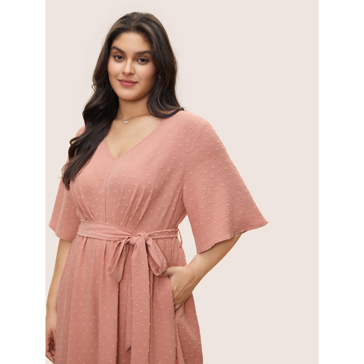 Plus Size Solid Texture Belted Ruffle Sleeve Dress Rouge Women Elegant Non V-neck Half Sleeve Curvy Midi Dress BloomChic 26/4X Product Image