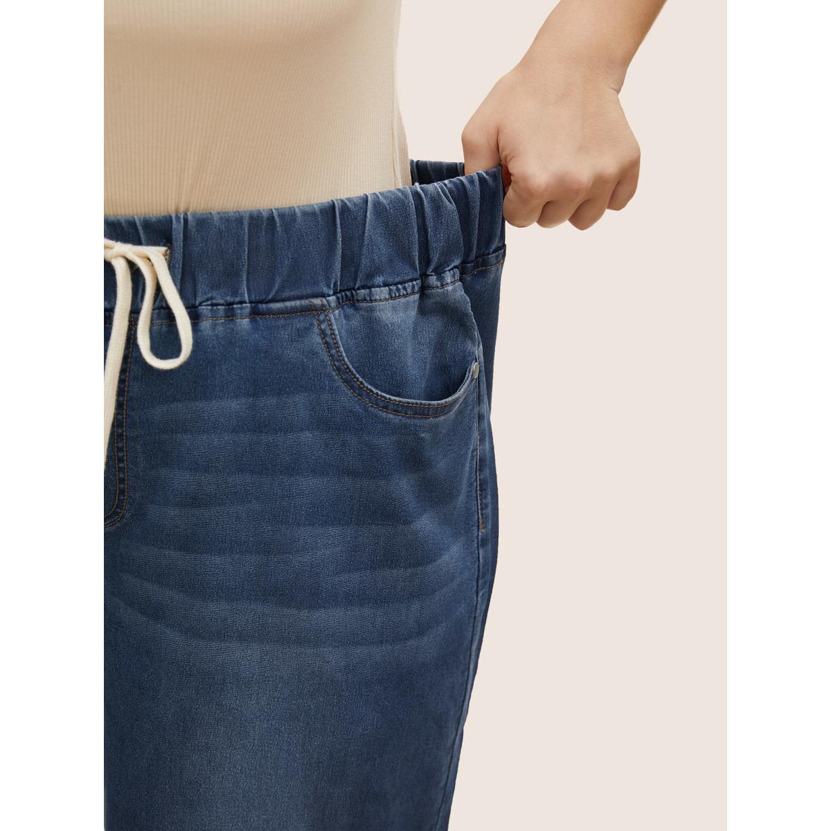 Plus Size Dark Wash Drawstring Wide Leg Jeans Women Denimblue Casual Drawstring High stretch Slanted pocket Jeans BloomChic 10/M Product Image