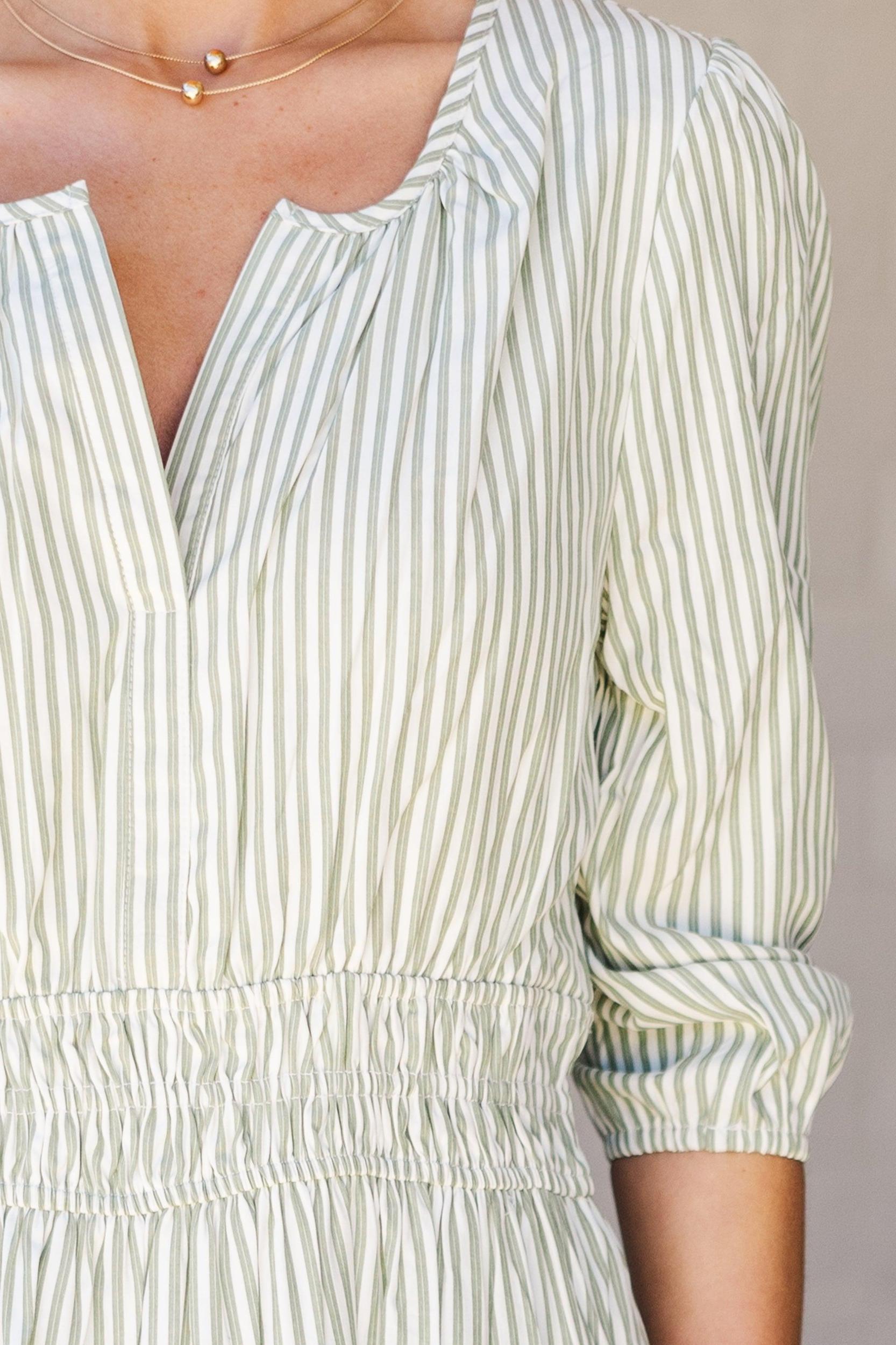 It's In The Air Olive Green Striped 3/4 Sleeve Midi Dress Female Product Image