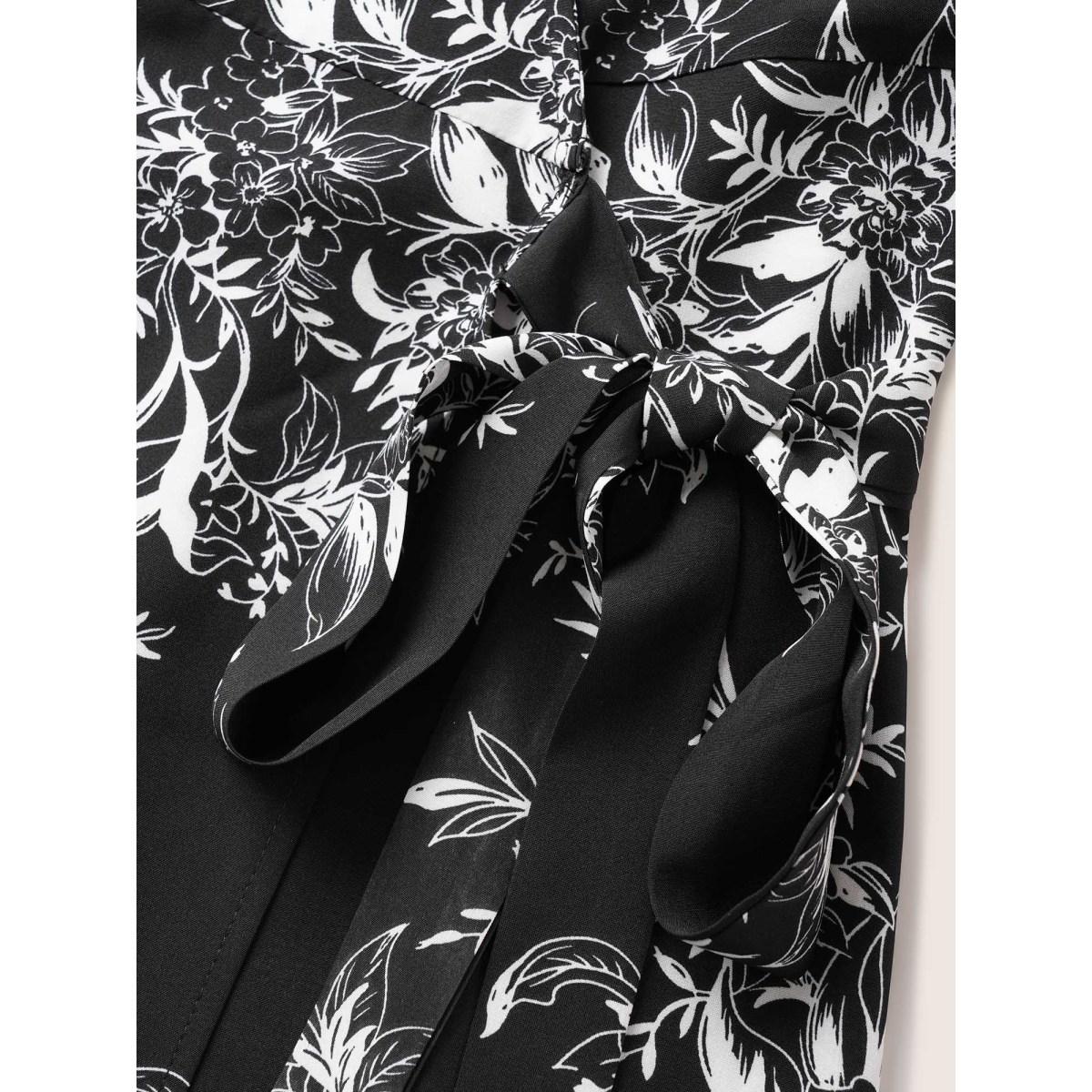 Plus Size Silhouette Floral Print Ties Lapel Collar Dress Black Women At the Office Non Lapel Collar Short sleeve Curvy Midi Dress BloomChic 10/M Product Image