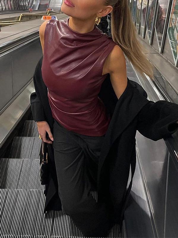 Skinny Sleeveless Asymmetric Pleated Solid Color Mock Neck Vest Top Product Image