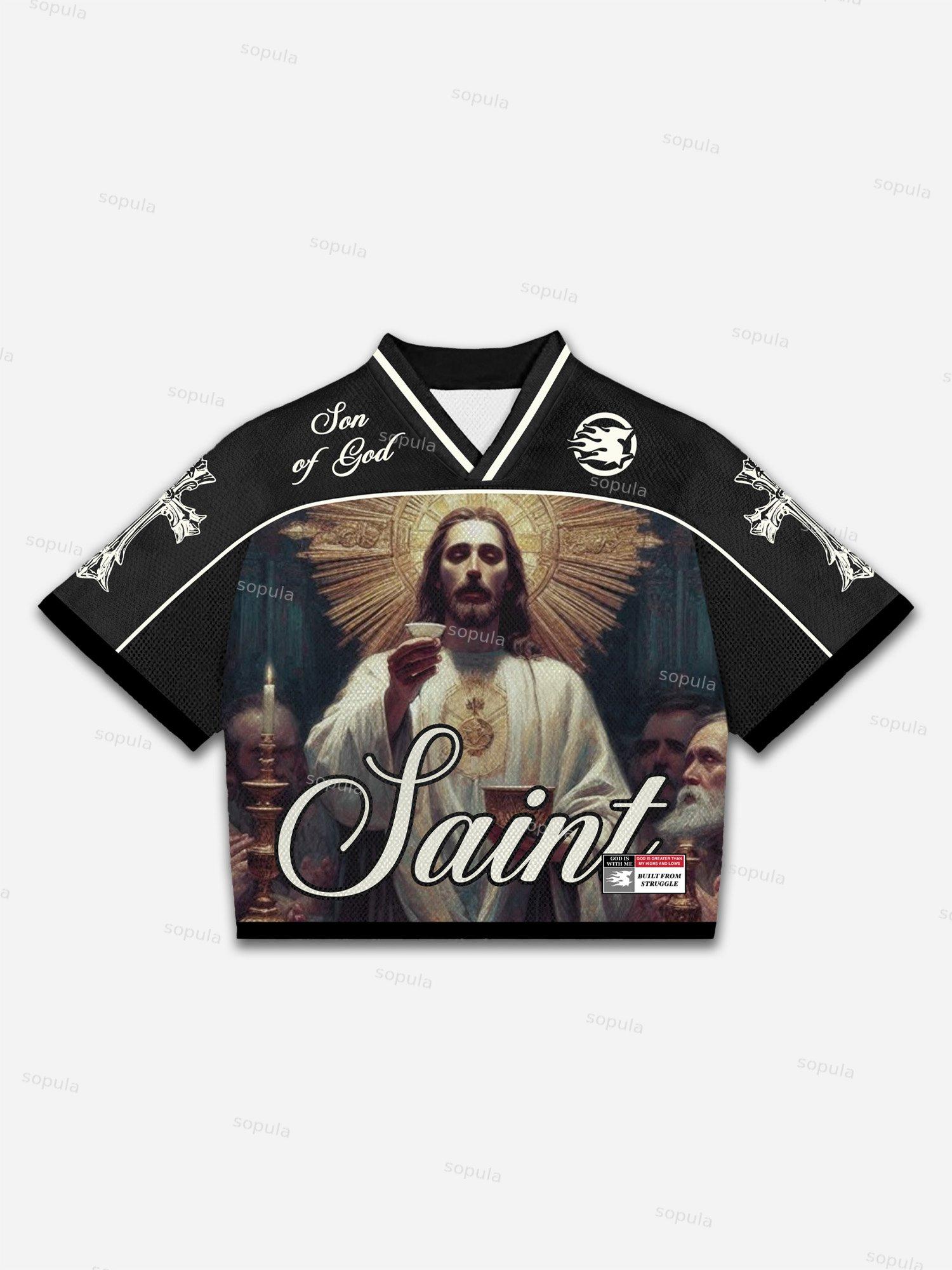 Son Of God Saints Jesus Graphic Blokecore Blokette Football V-neck T-shirt Product Image