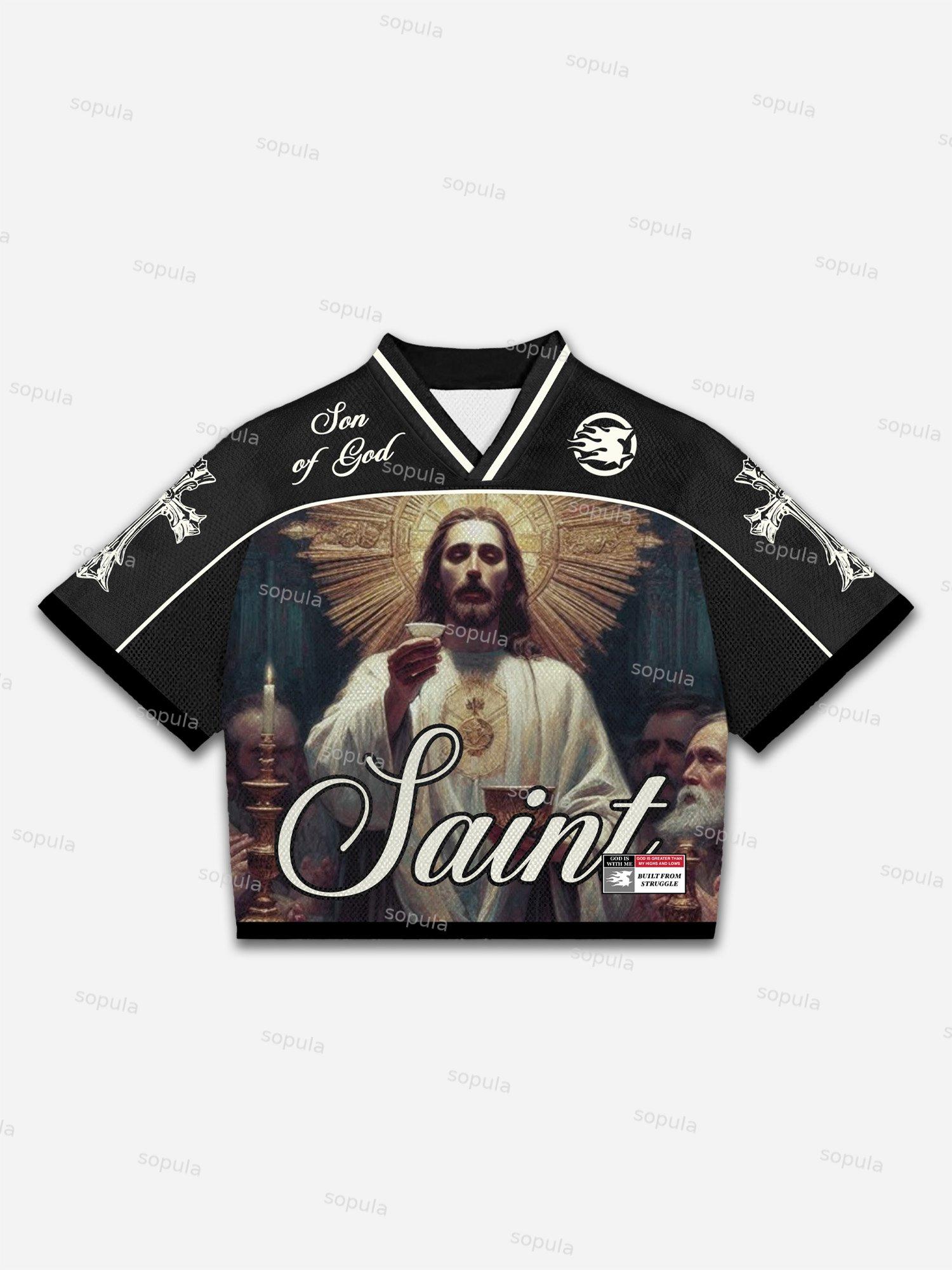 Son Of God Saints Jesus Graphic Blokecore Blokette Football V-neck T-shirt Product Image
