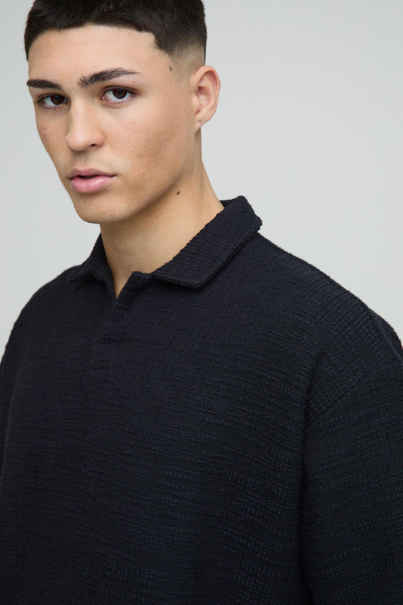 Oversized Heavyweight Textured Revere Short Sleeve Polo | boohooMAN USA Product Image