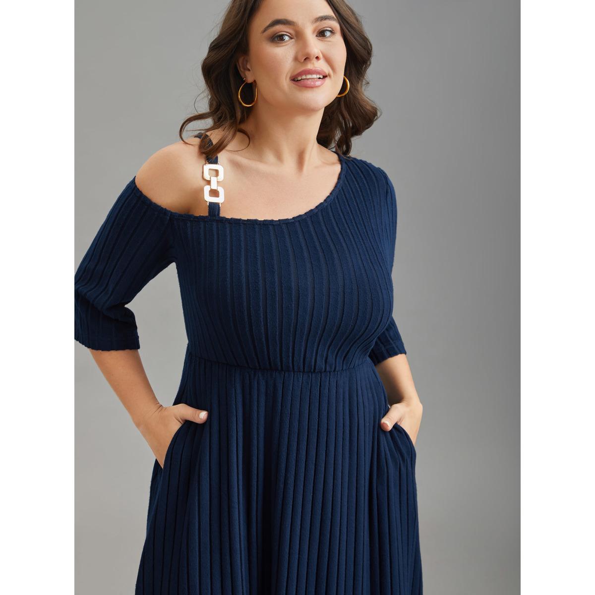 Plus Size One-Shoulder Pit-Strip Knit Buckle Midi Dress DarkBlue Women Casual Texture Knit Dresses Bloomchic 10/M Product Image