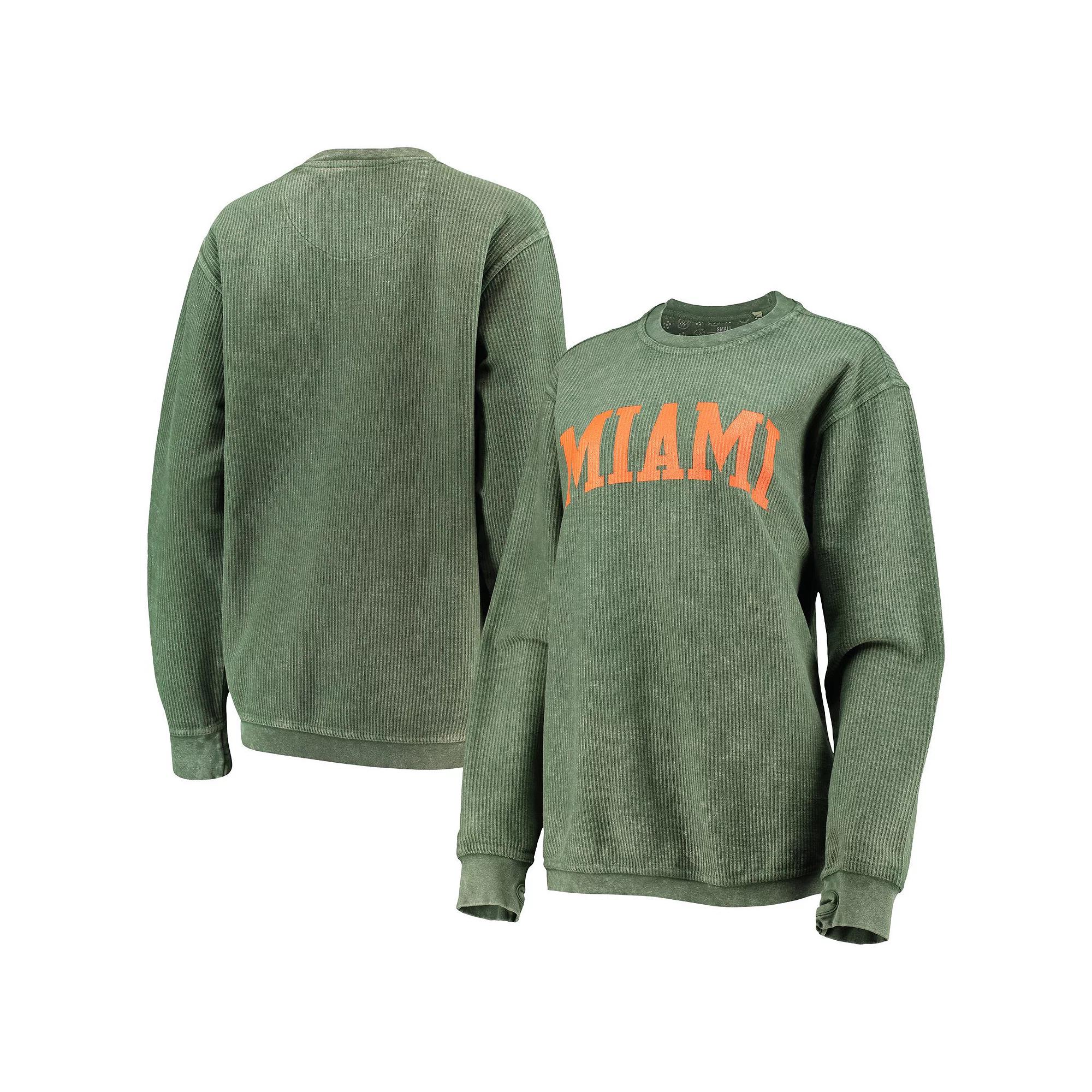 Women's Pressbox Green Miami Hurricanes Comfy Cord Vintage Wash Basic Arch Pullover Sweatshirt Product Image