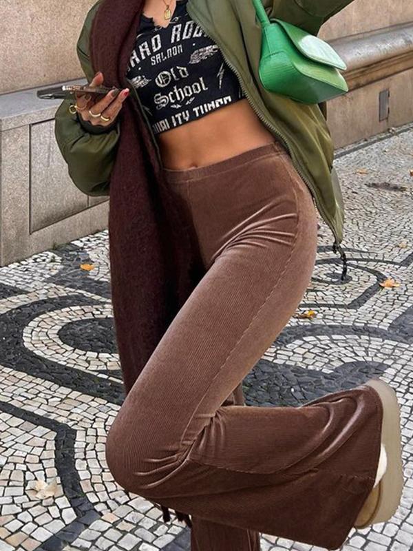 Solid Velvet Elastic Waist Flare Leg Pants Product Image