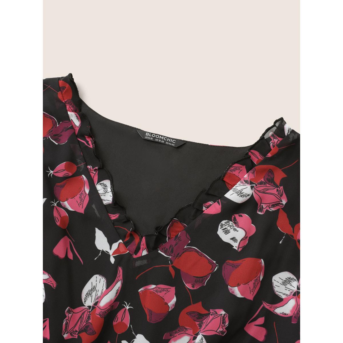 Plus Size Black Floral Mesh Patchwork Ruffle Trim Blouse Women Cocktail Elbow-length sleeve V-neck Party Blouses BloomChic 22-24/3X Product Image