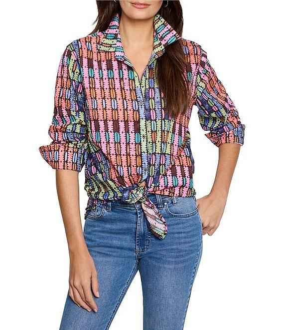 NIC + ZOE Crinkle Geo Dot Print Collar Neck Long Sleeve Button Front Shirt Product Image