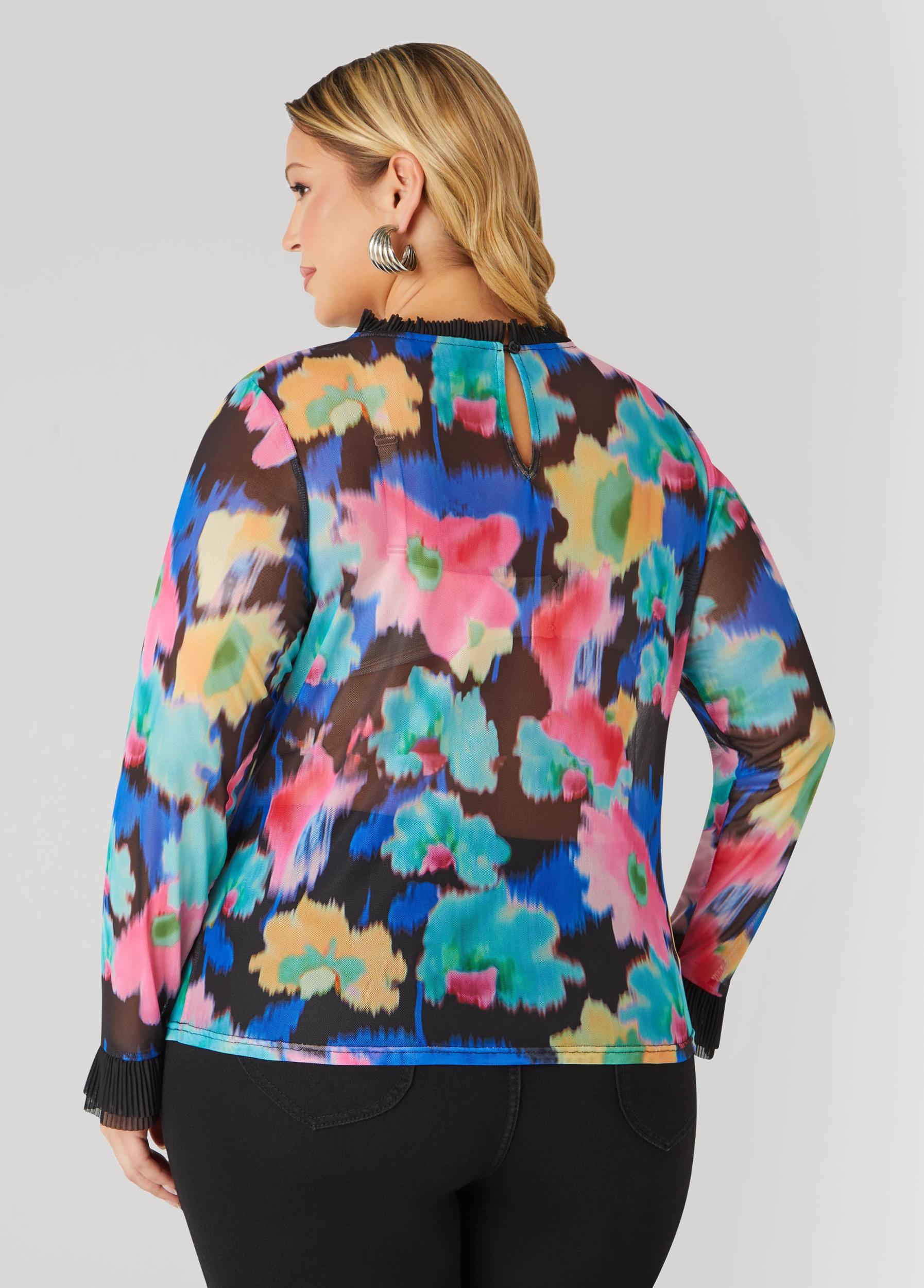 Plus Size Ruffle Trimmed Printed Mesh Top Ashley Stewart Product Image