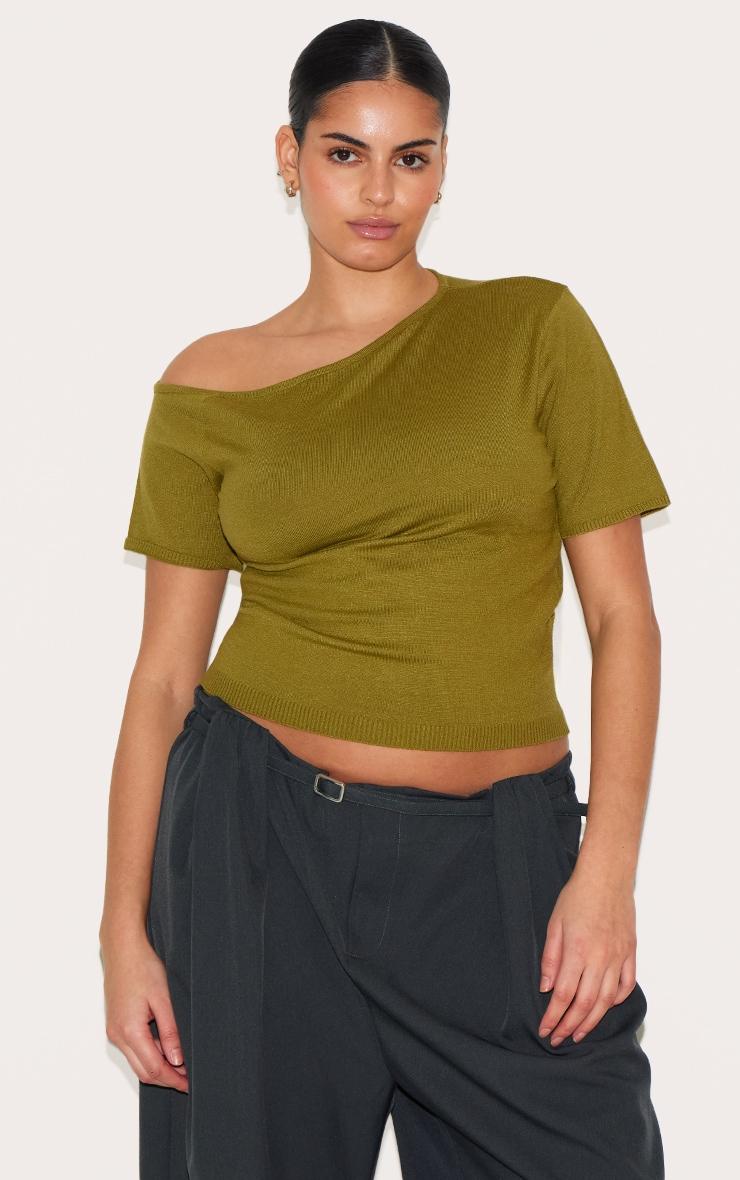 Plus Olive Basic Knit Asymmetric Neckline Top Product Image