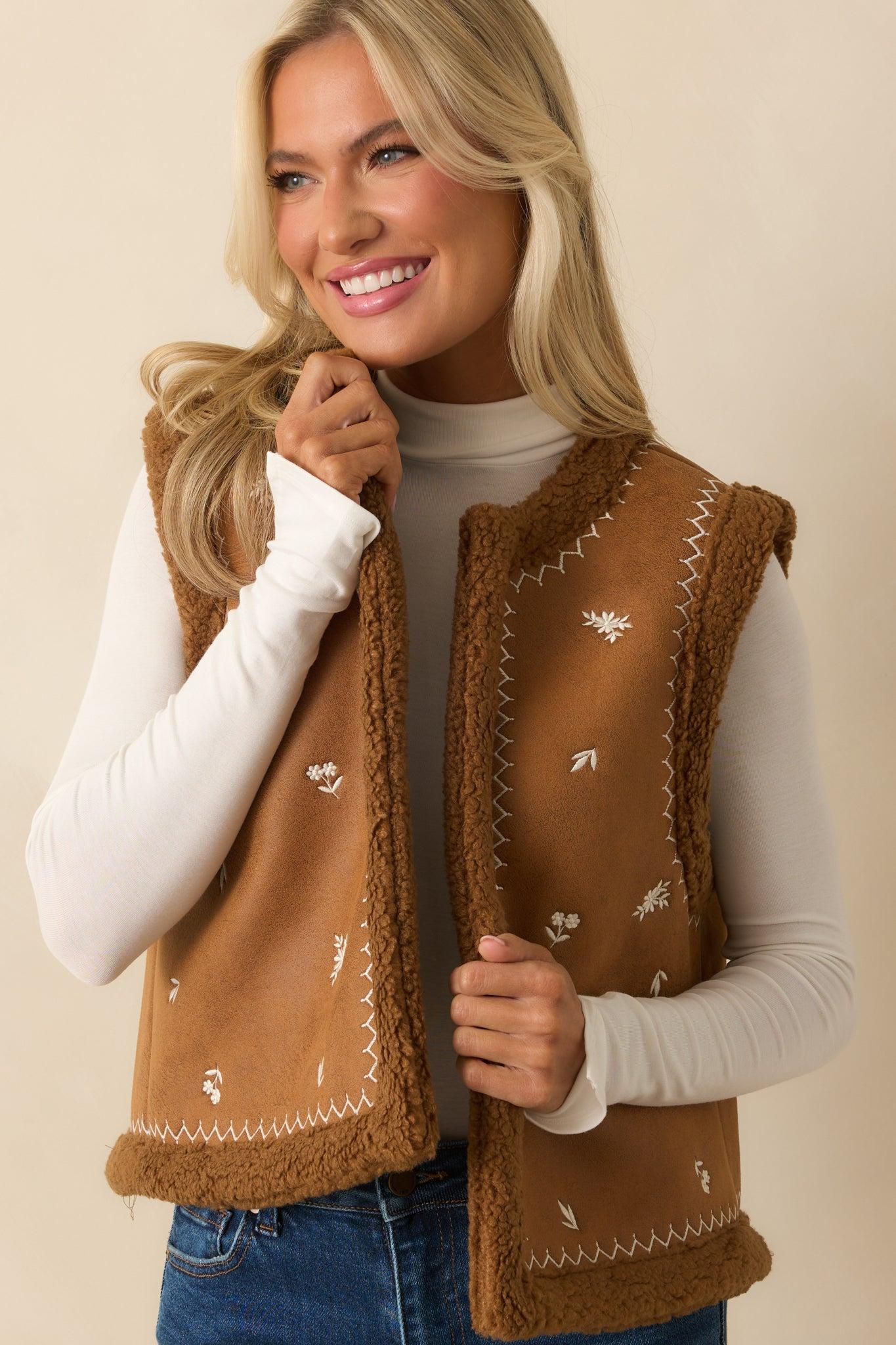 Go Ahead Then Caramel Brown Faux Suede Floral Embroidered Vest Product Image
