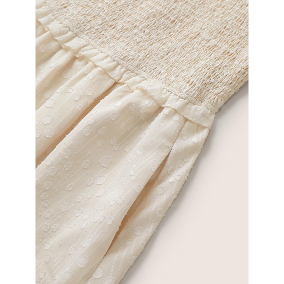 Plus Size Chiffon Shirred Mesh Frill Trim Pocket Dress Apricot Women Elegant Elastic cuffs Square Neck Long Sleeve Curvy Knee Dress BloomChic 10/M Product Image