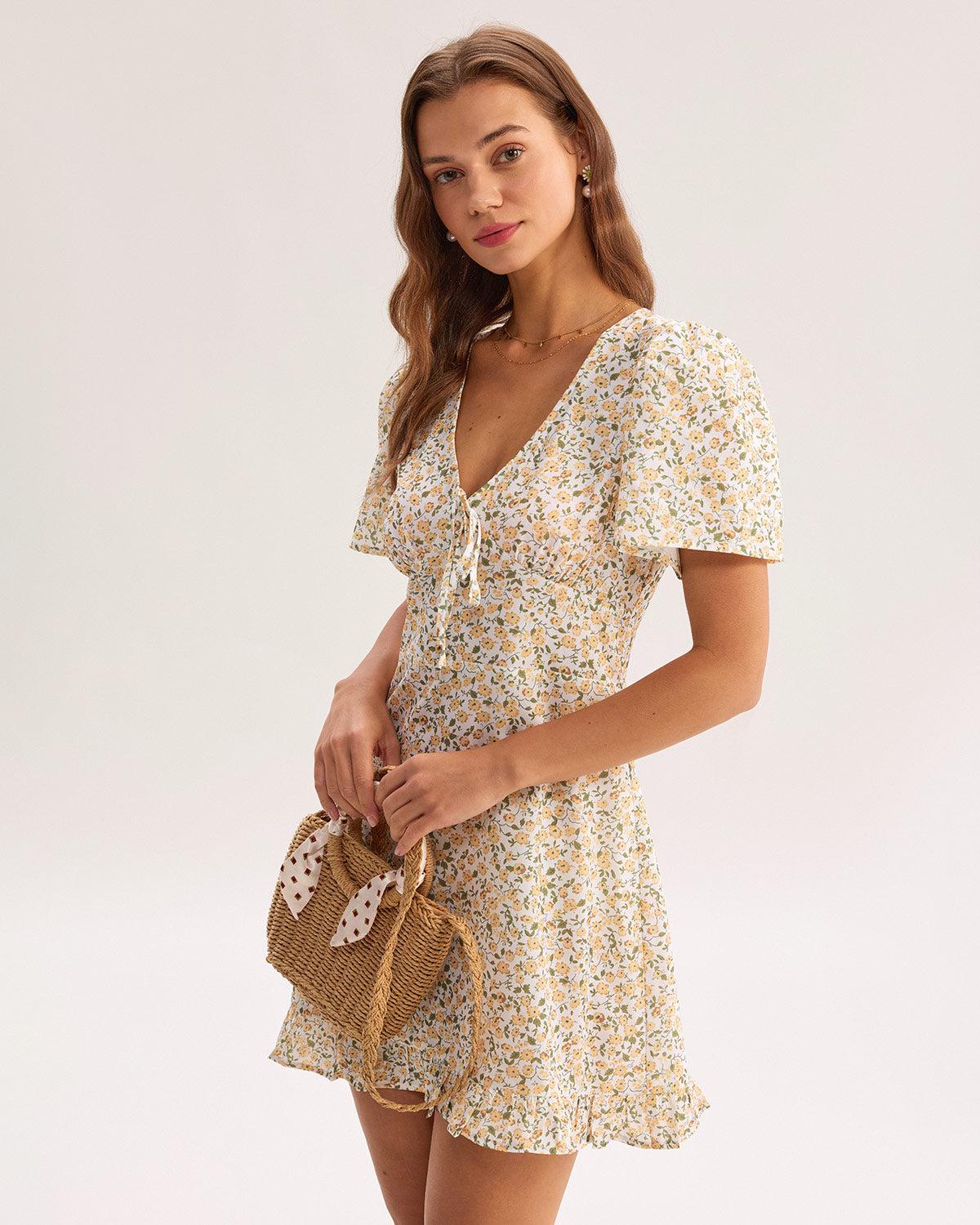 Yellow Floral V-Neck Mini Dress Product Image