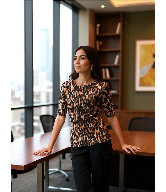 Investments Petite Size Knit Animal Print Elbow Length Sleeve Crew Neck Top Product Image