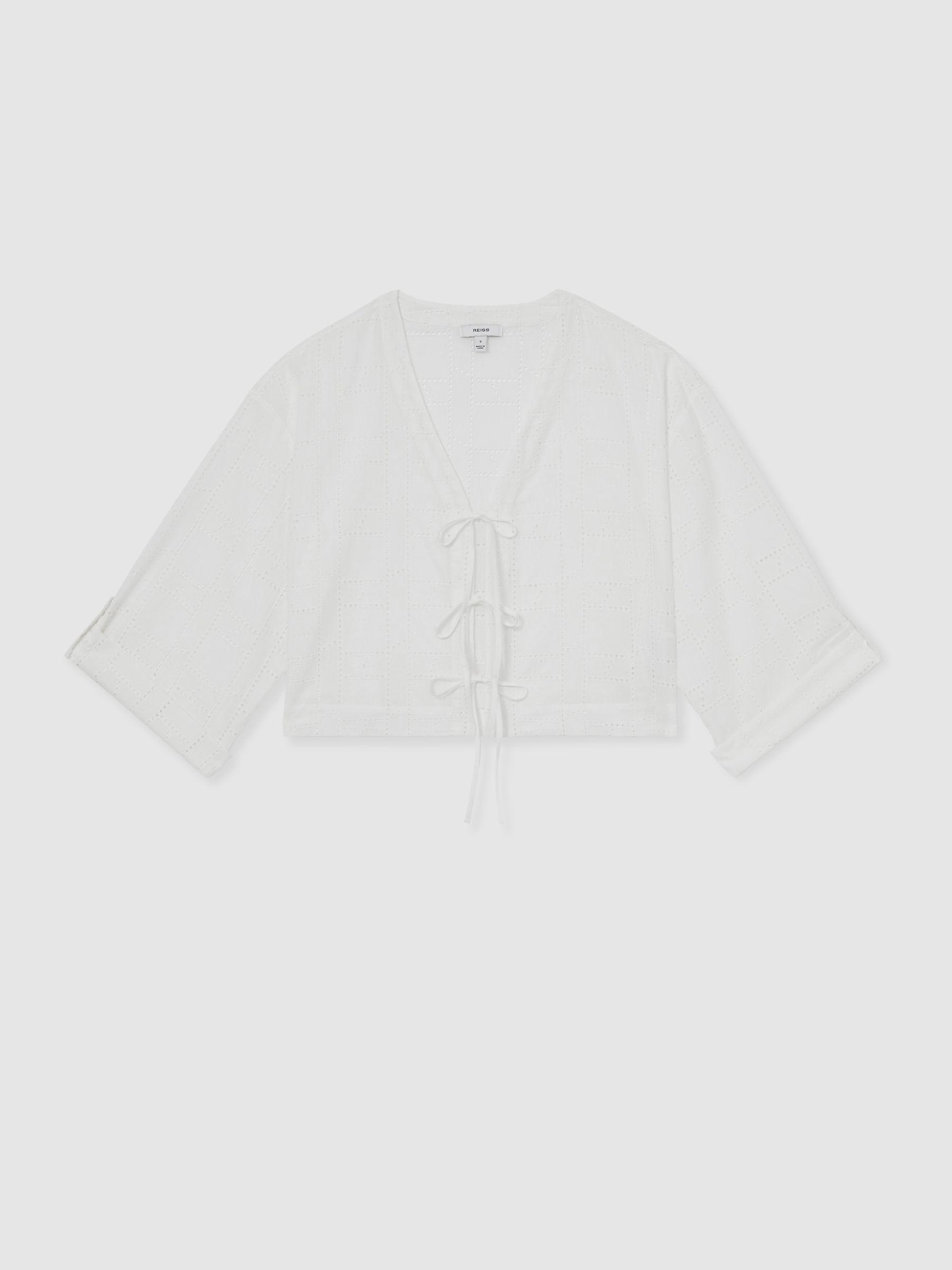 Cotton Broderie Tie-Front Top in White Product Image