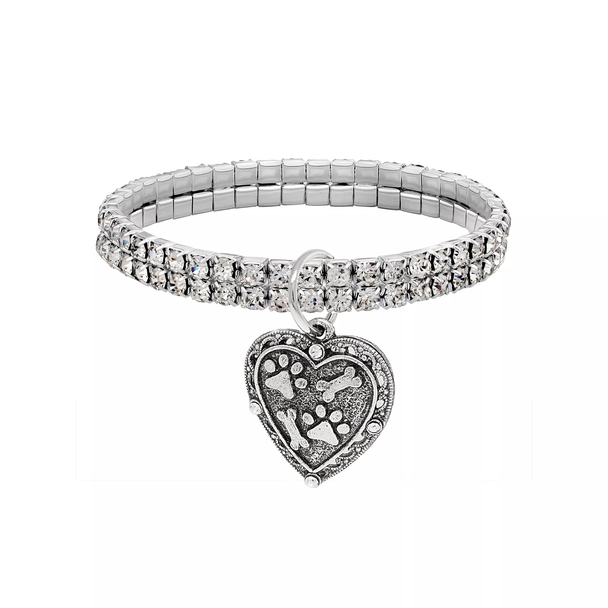 1928 Two Row Crystal Paw And Bones Heart Charm Stretch Bracelet, Womens, Silver Tone Product Image