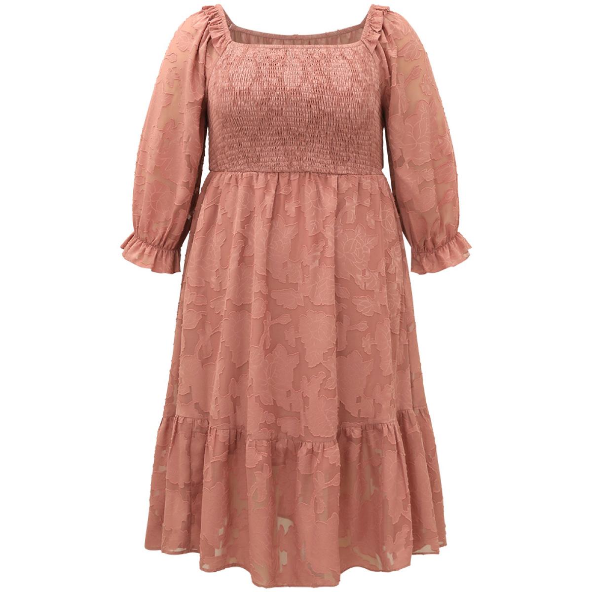 Plus Size Plain Pocket Frill Trim Lantern Sleeve Dress Watermelon Women Elegant Elastic cuffs Square Neck Elbow-length sleeve Curvy Midi Dress BloomChic 22-24/3X Product Image