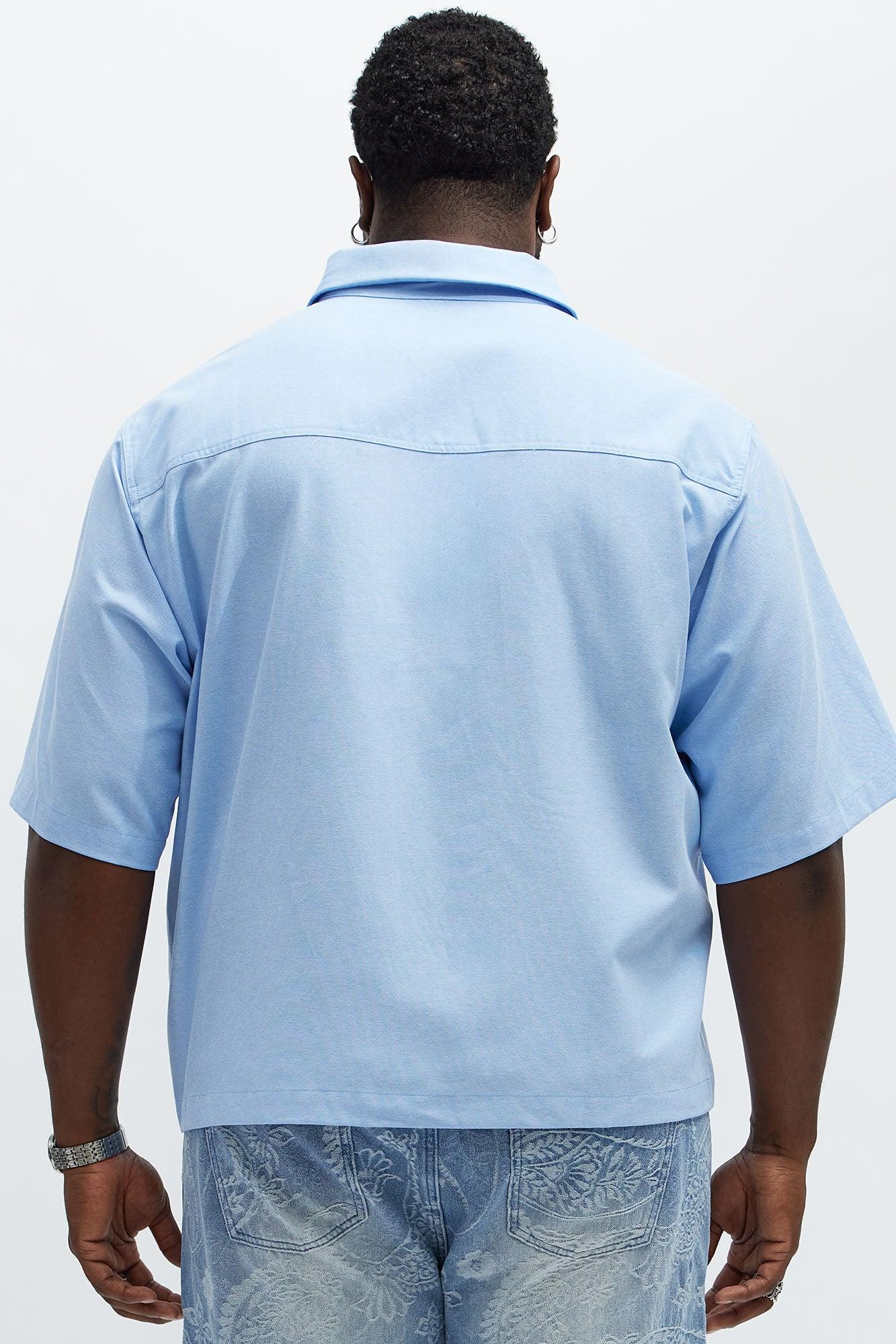 Cropped Double Pocket Button Up Shirt - Blue Male Product Image